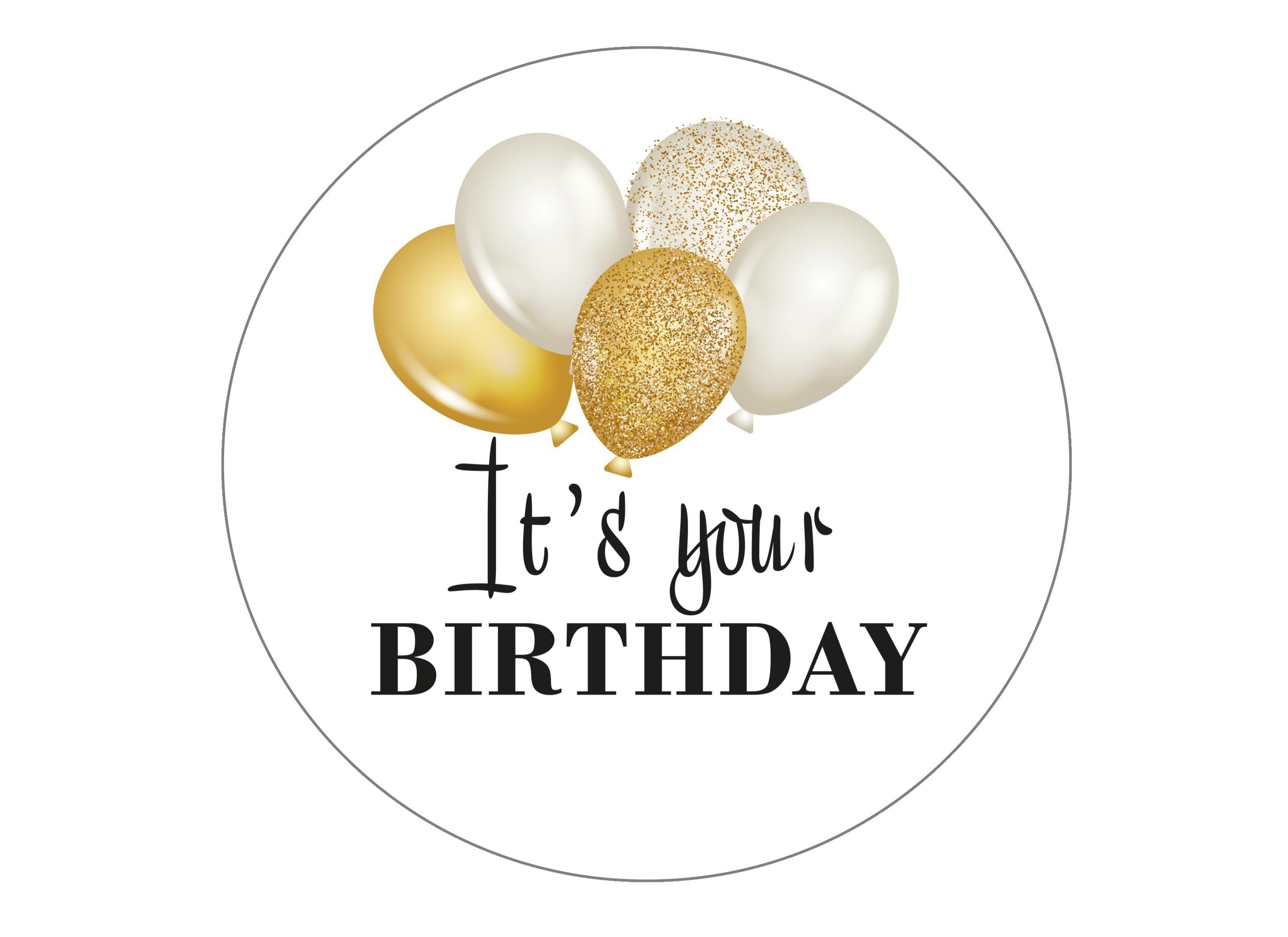 Large cake topper with gold spots,gold stripes and gold balloons for a happy birthday