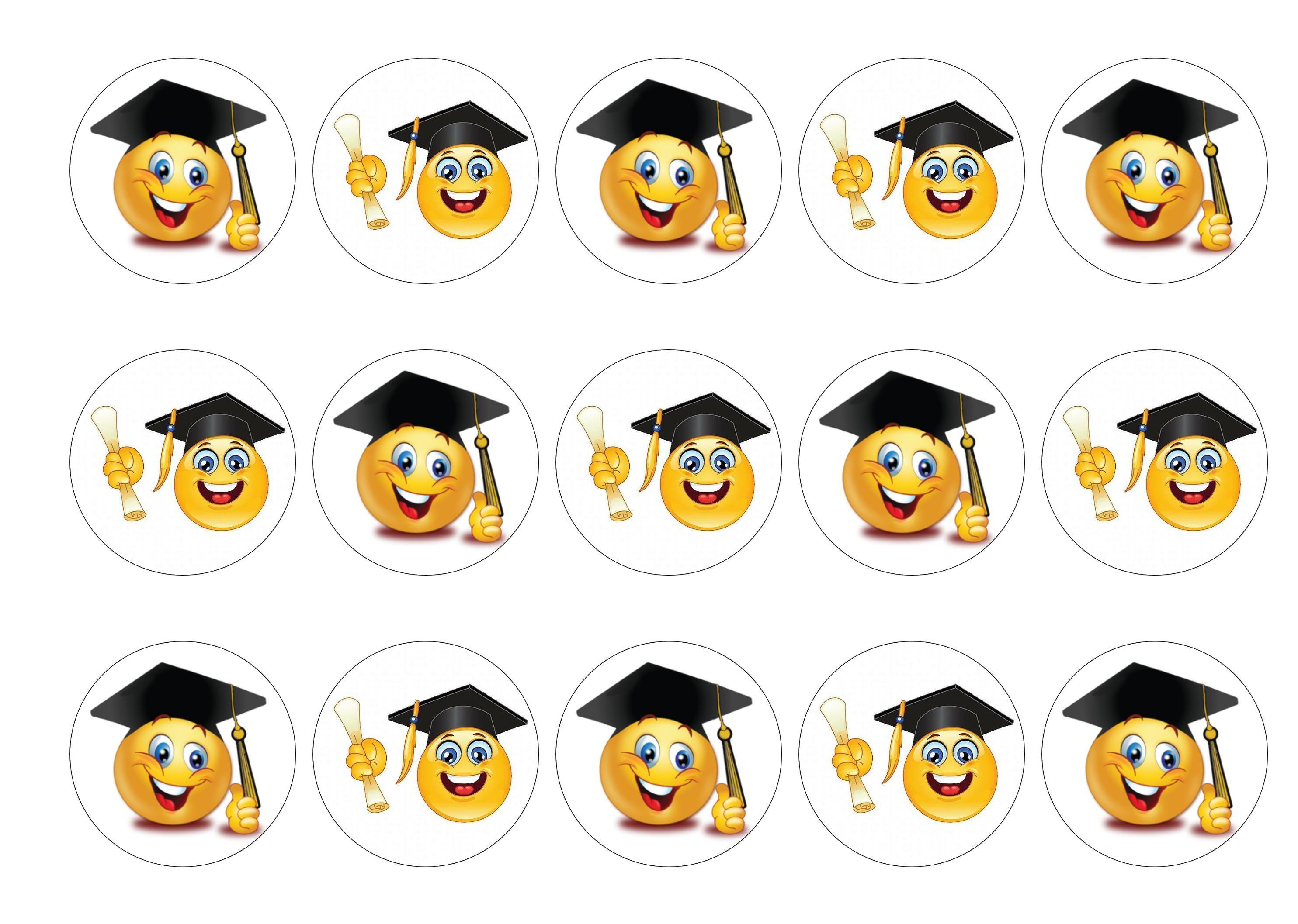 15 printed cupcake toppers with emoji images for graduation