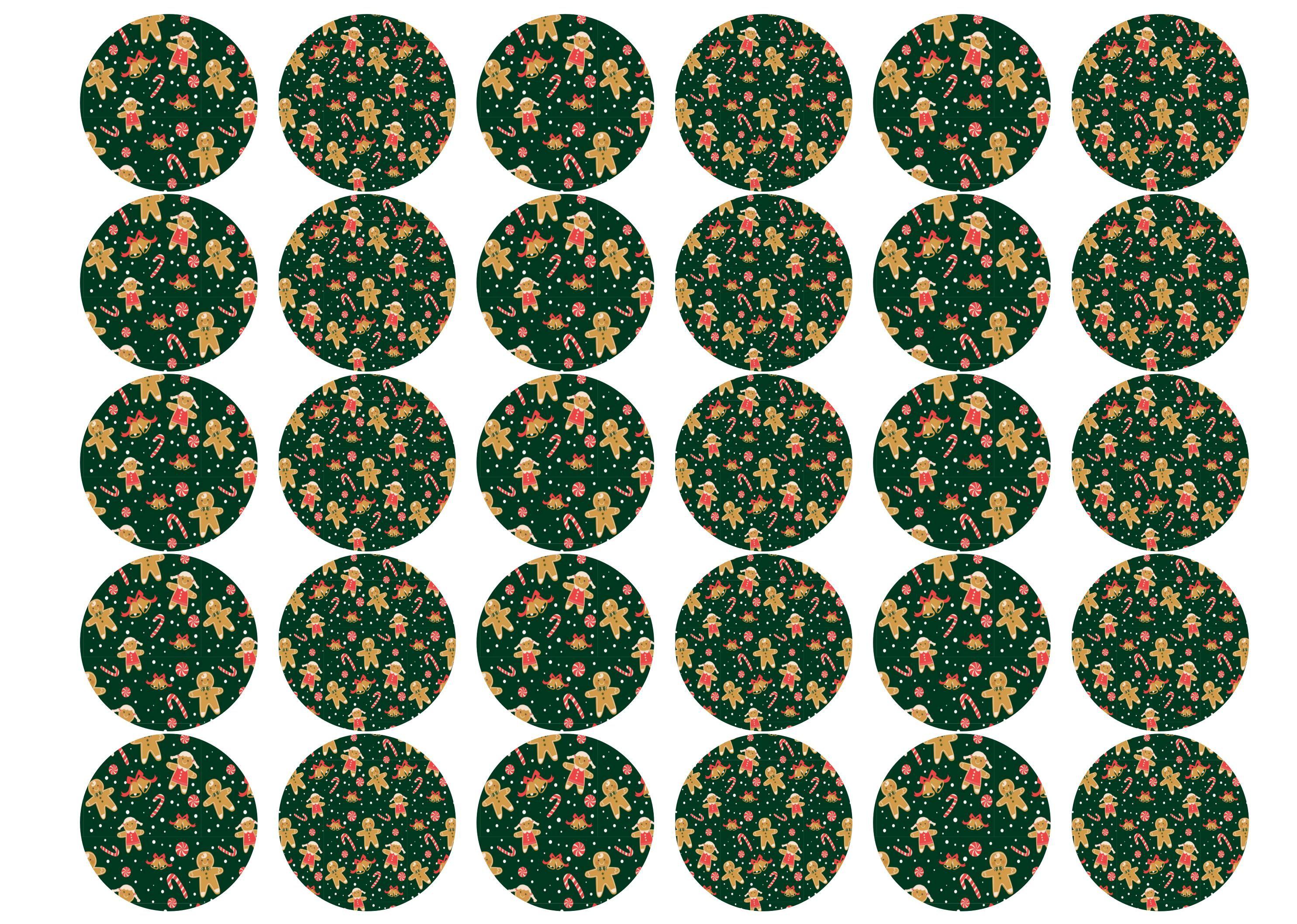 30 edible toppers with a green gingerbread man Christmas design