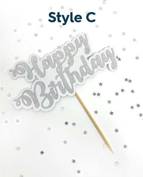 Silver Happy Birthday cake topper in swirly text