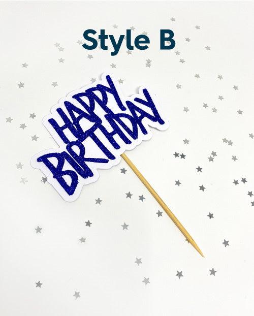 Happy Birthday glitter cake topper in blue and white