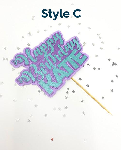 Personalised Happy Birthday Cake Topper in aqua and purple