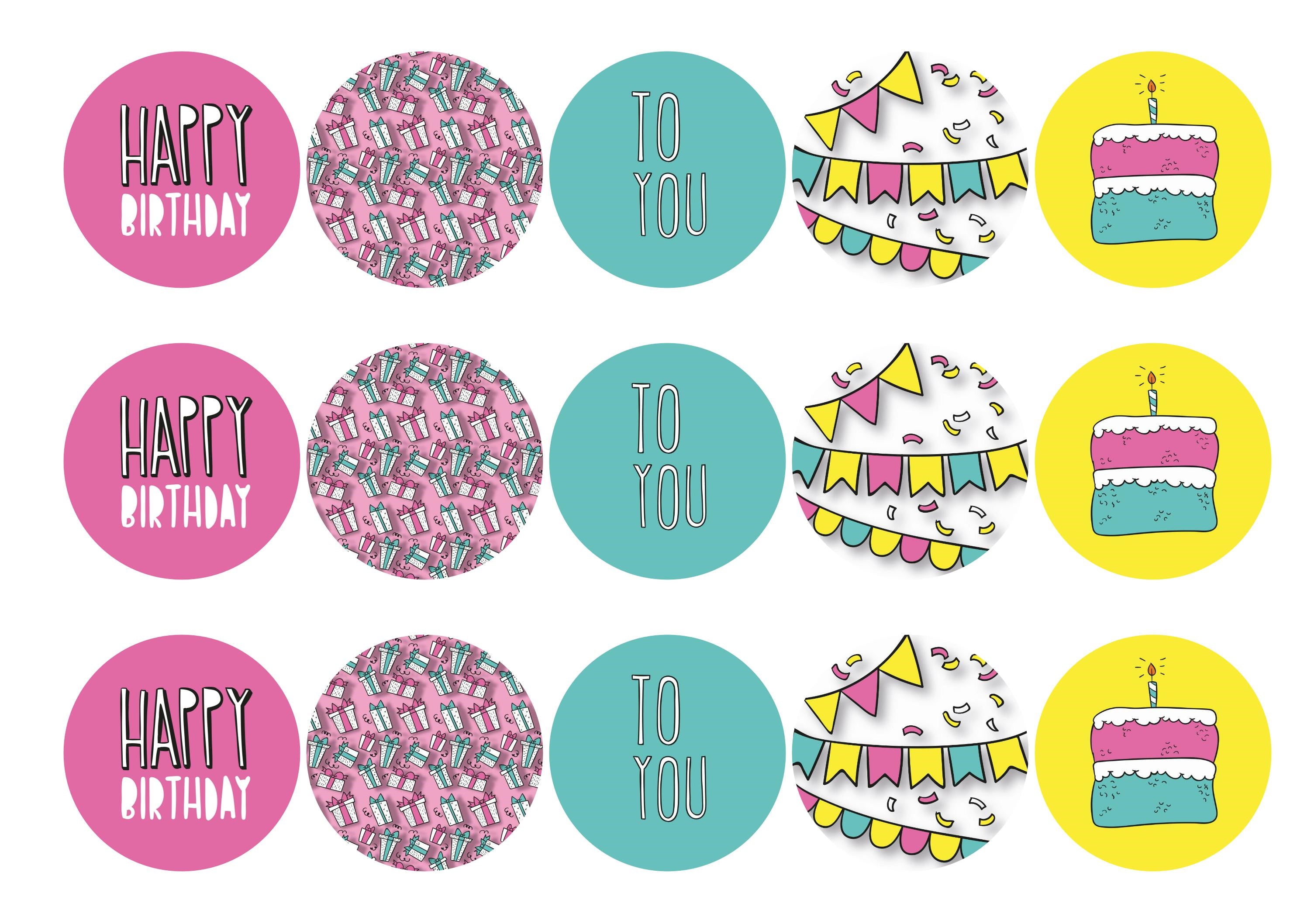 Printed cupcake toppers with mixed birthday designs in pink blue and yellow