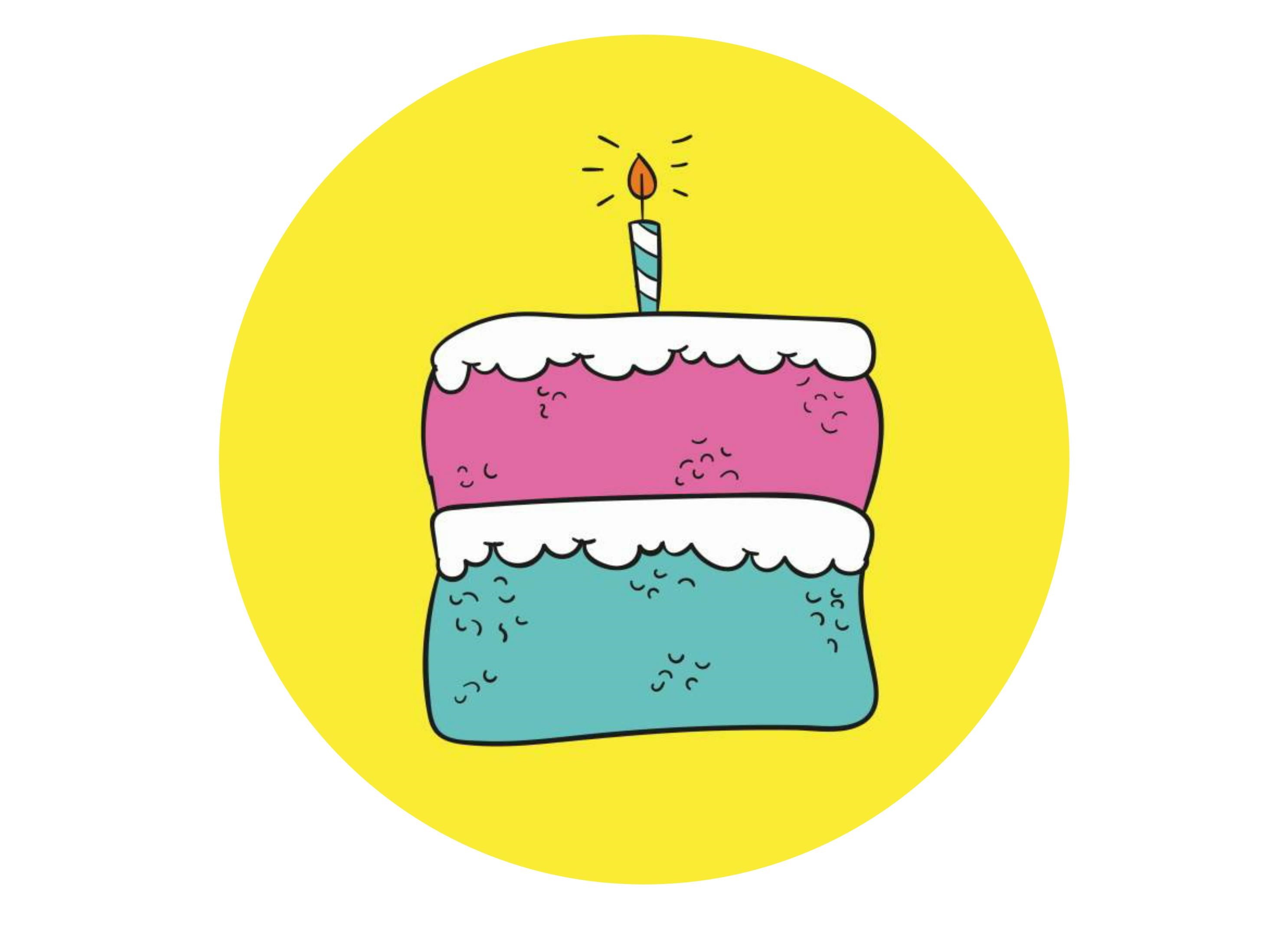 Birthday cake topper with a big birthday cake in pink blue and yellow