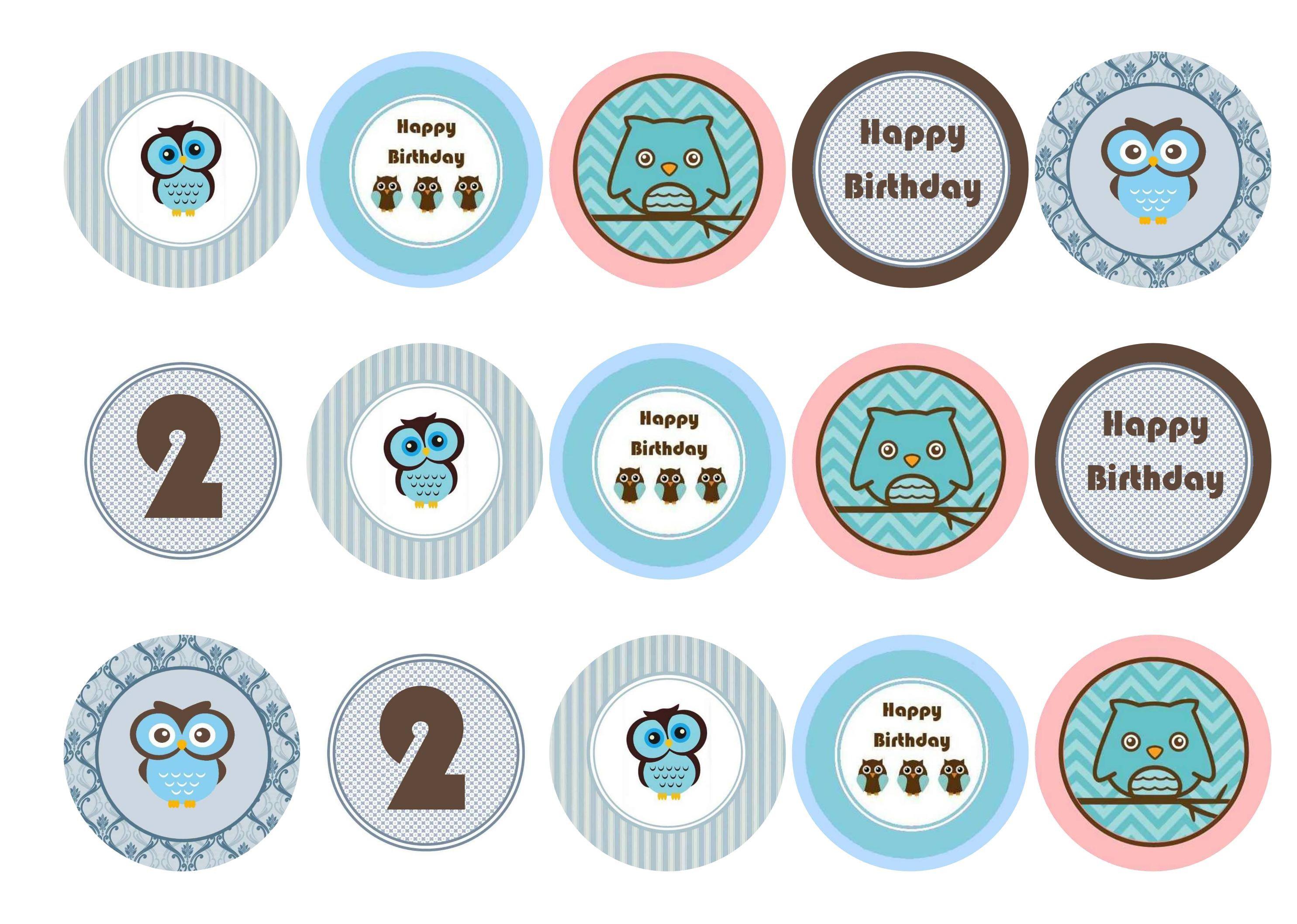 Printed edible cupcake toppers - blue owls - icing paper or rice paper.