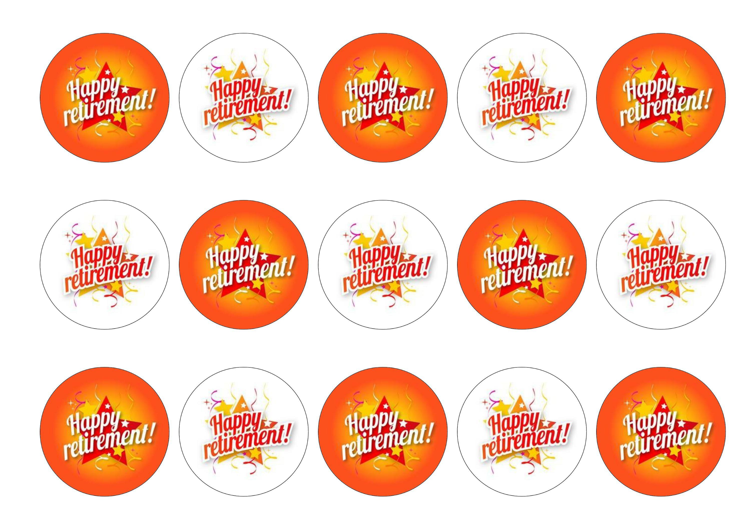 Edible printed cupcake toppers with Happy Retirement images