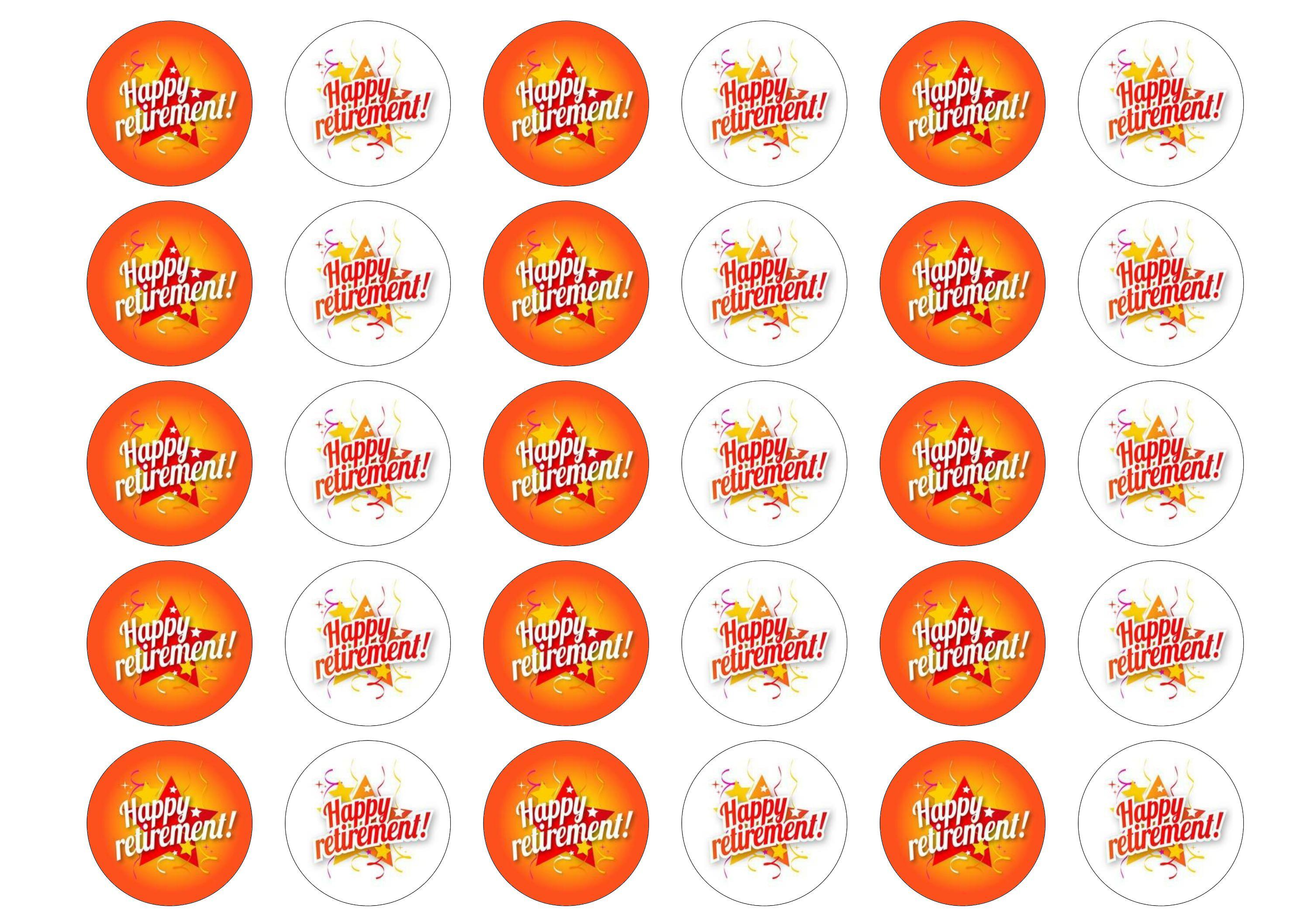 Edible printed cupcake toppers with Happy Retirement images