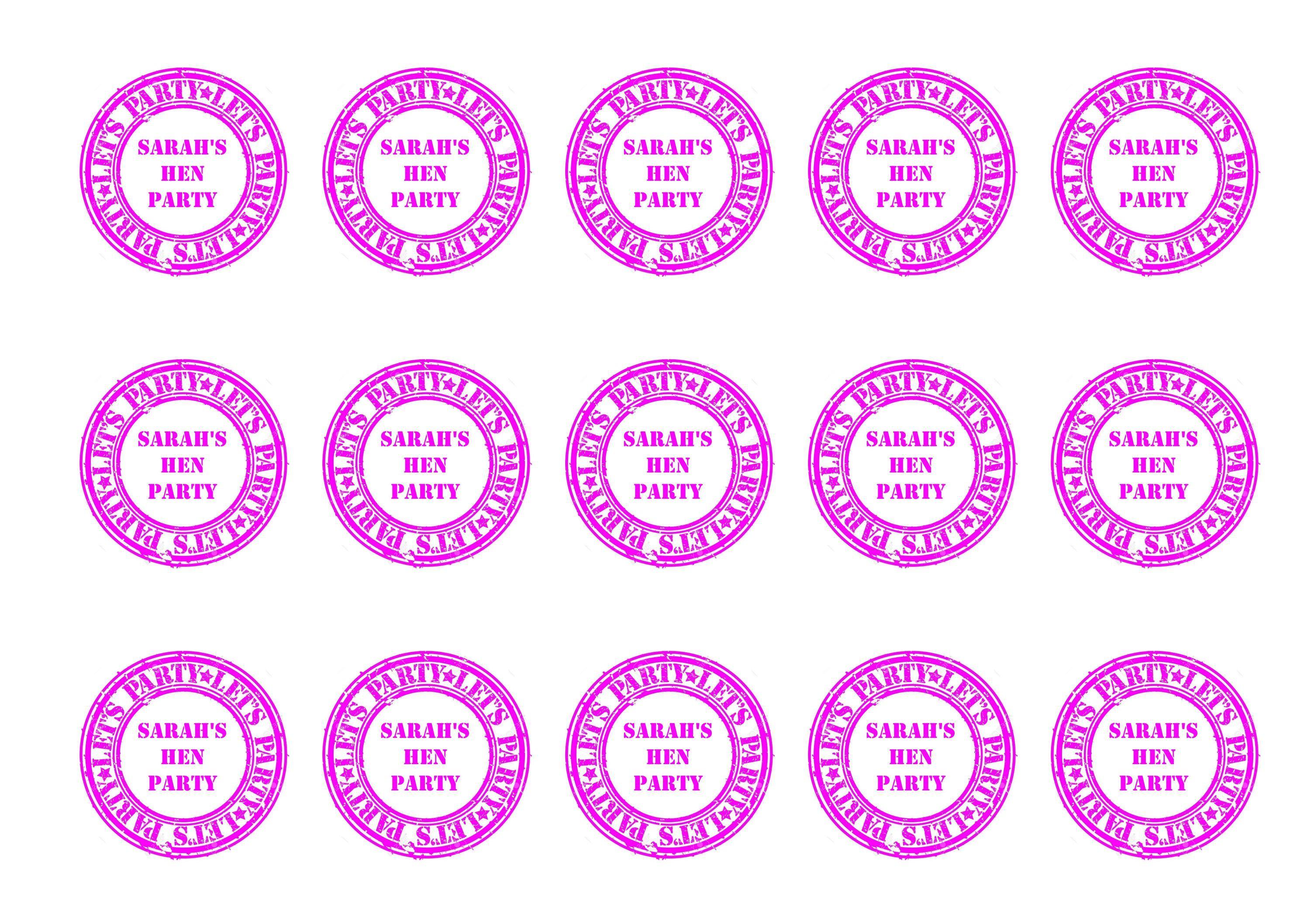 Printed edible cupcake toppers with hen party stamp design