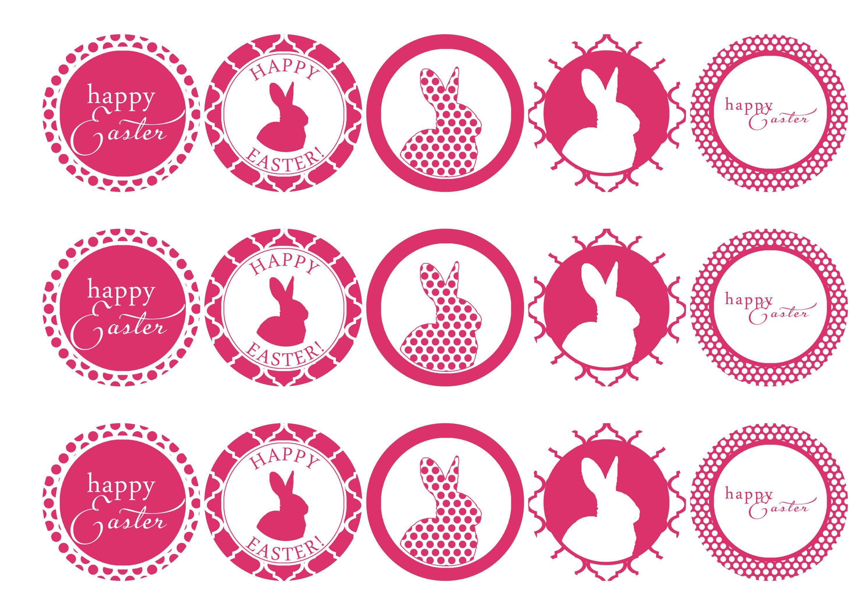 15 printed cupcake toppers with easter bunny designs in hot pink