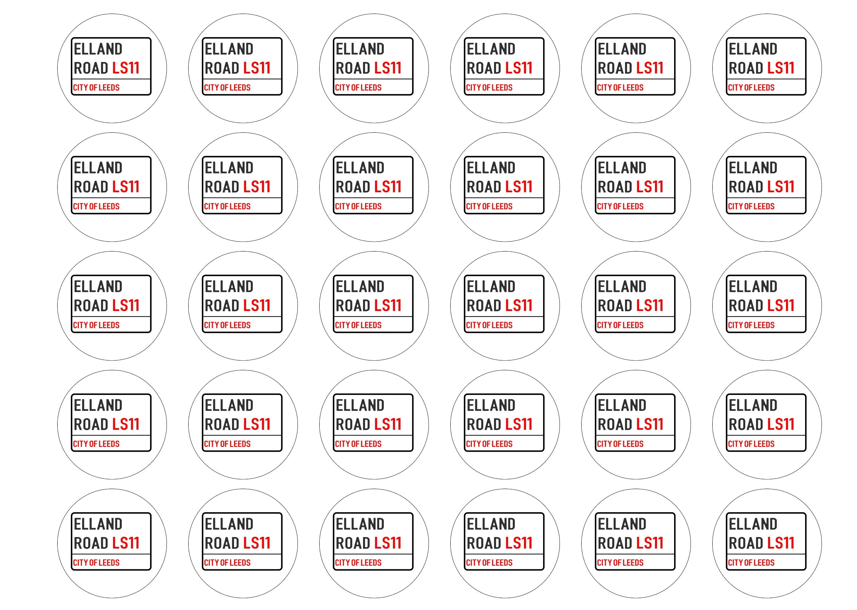 30 edible cake toppers with the Leeds Football Club Street Sign design for Elland Road