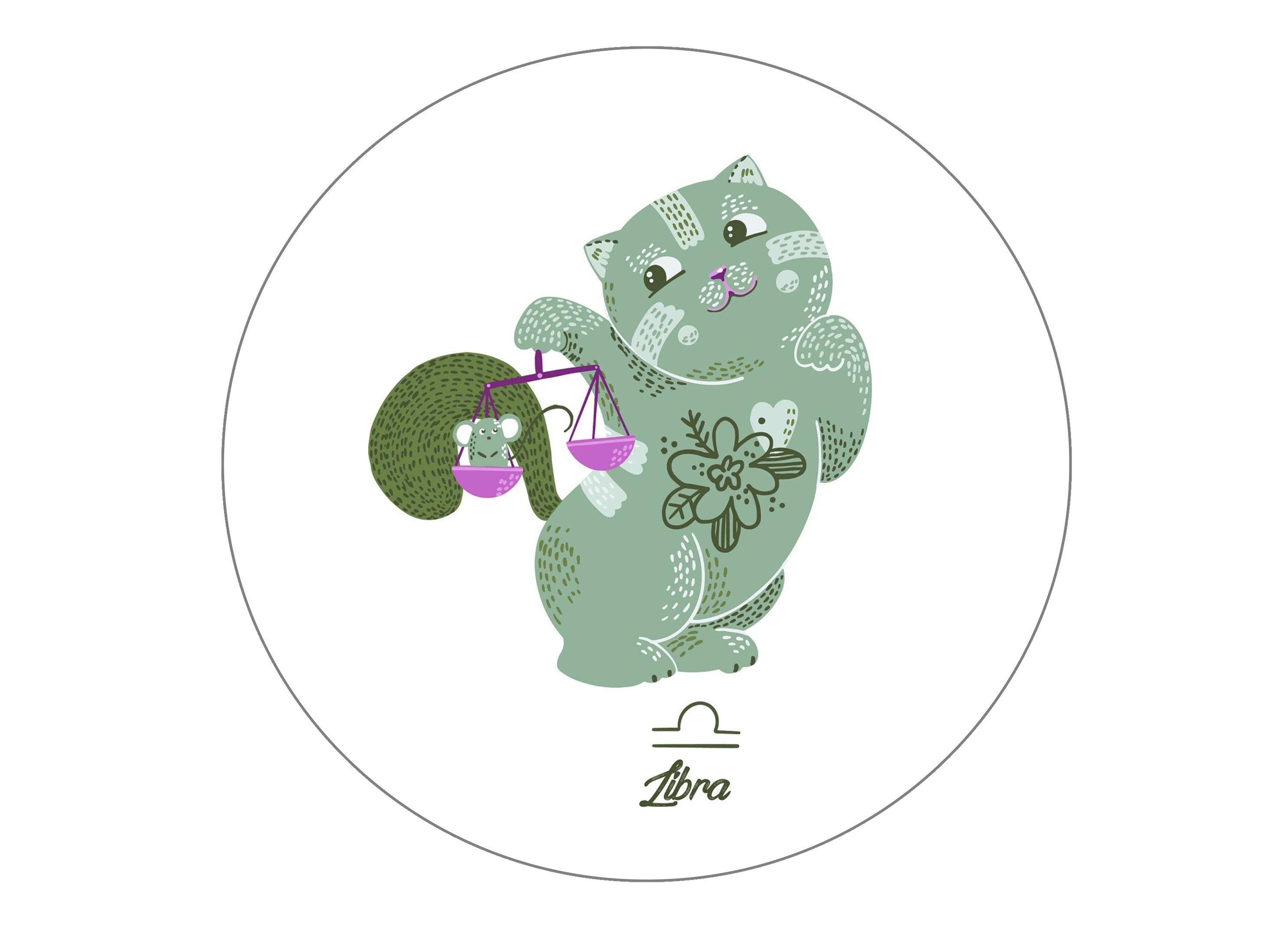 Round edible cake topper with cut cats symbolising Libra the Scales of Justice Star Sign