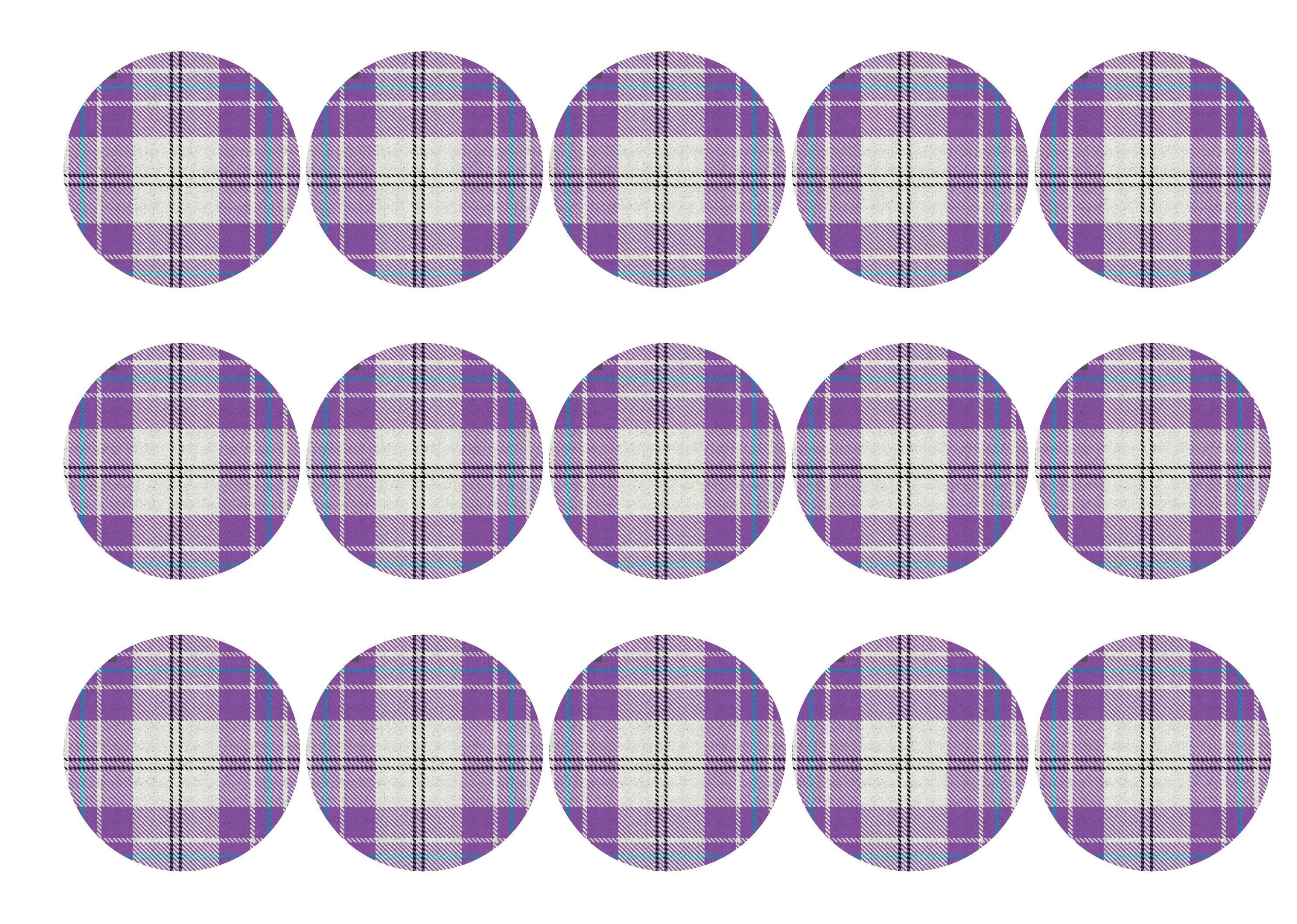Printed edible cupcake toppers with light purple tartan