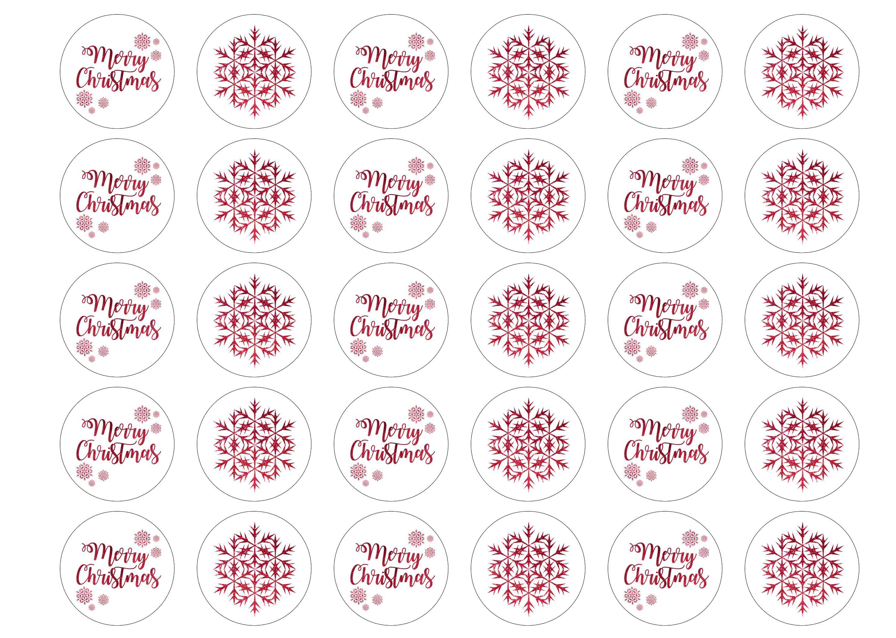 Edible cupcake toppers with a Merry Christmas message and red snowflakes.