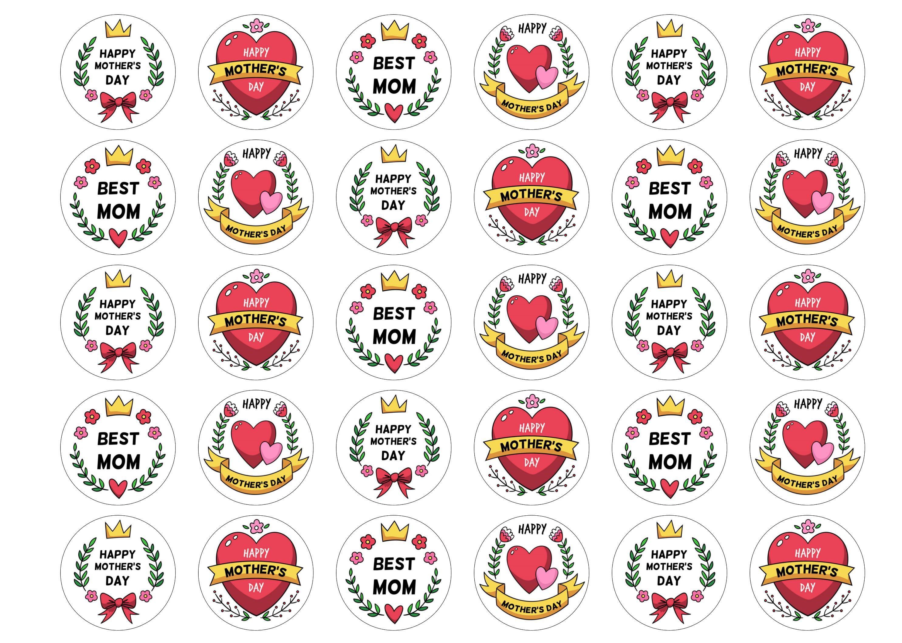 30 edible toppers with a Mother's Day badge design