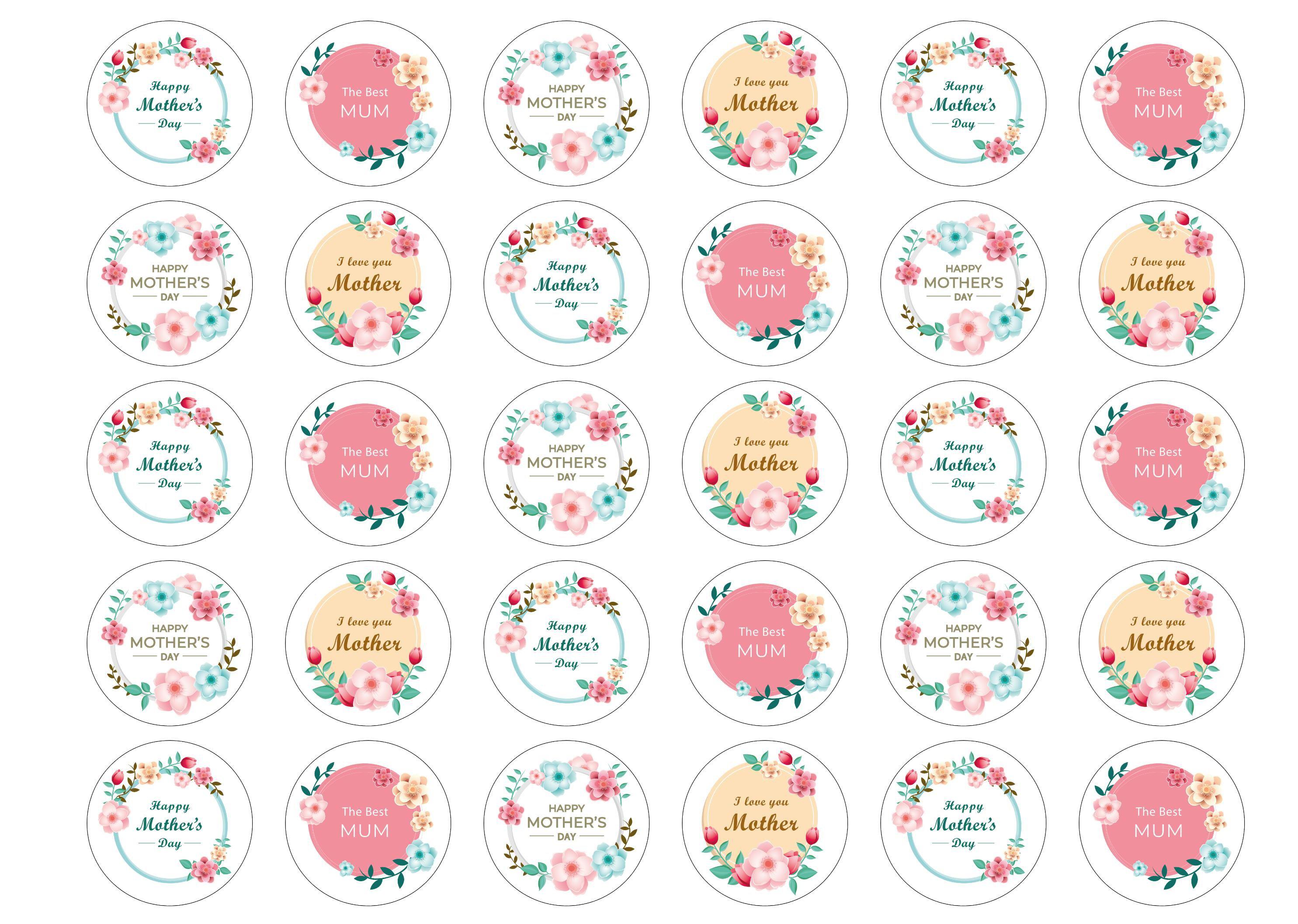 30 edible Mother's Day toppers with flowers in pastel colours