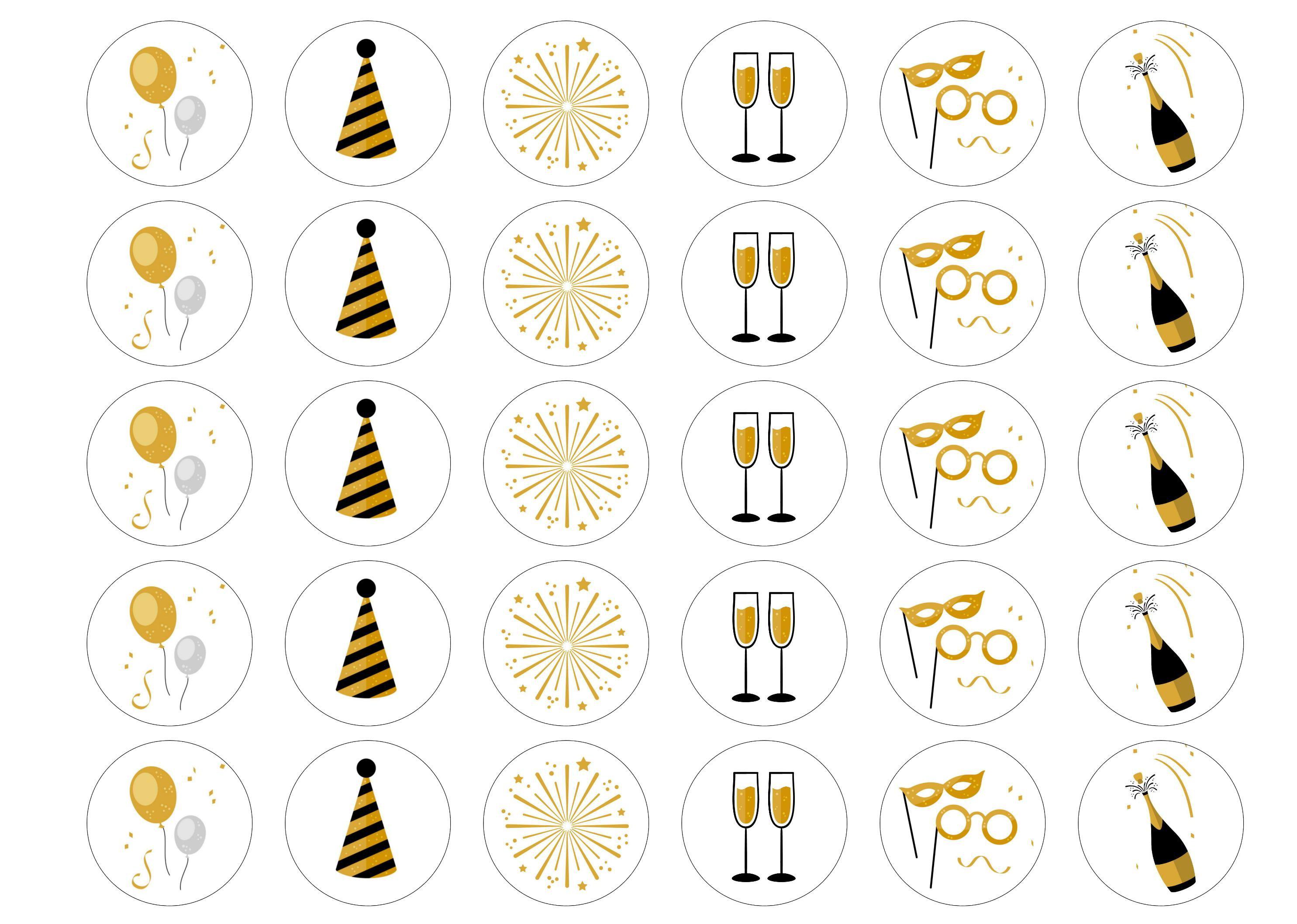 30 edible printed cupcake toppers with new year images