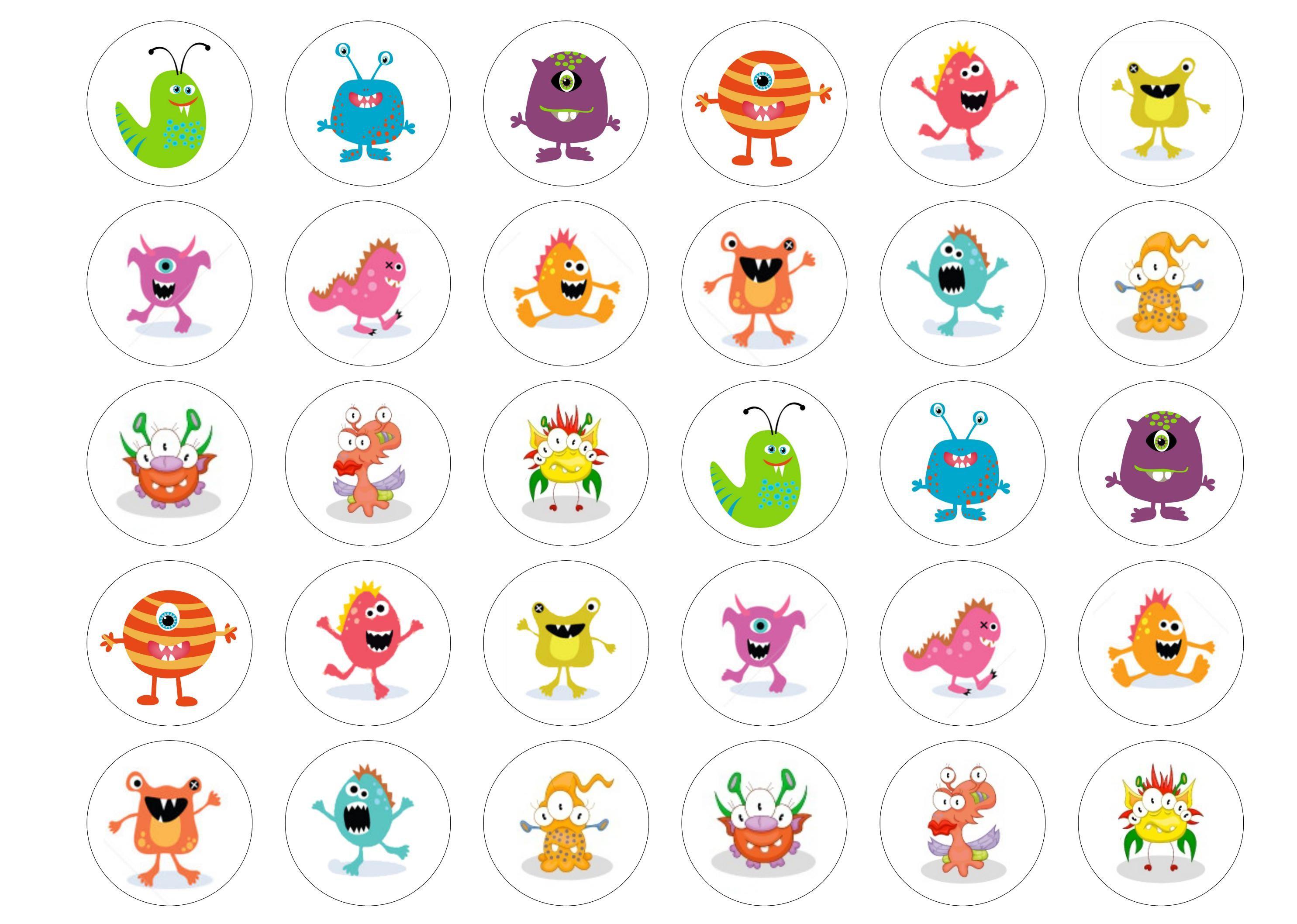 Printed edible cupcake toppers with party monsters