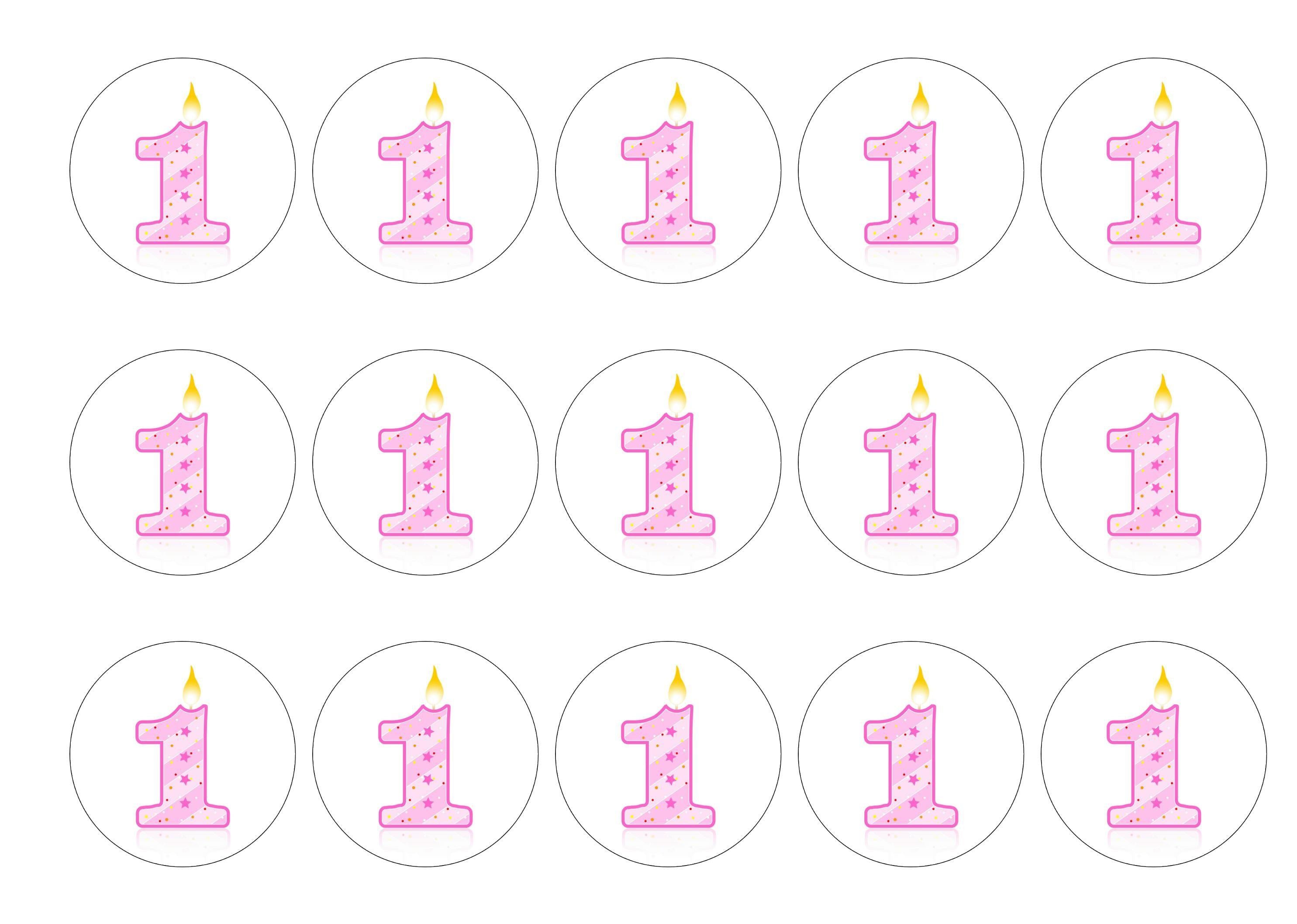 Printed cupcake toppers with a pink number one candle image