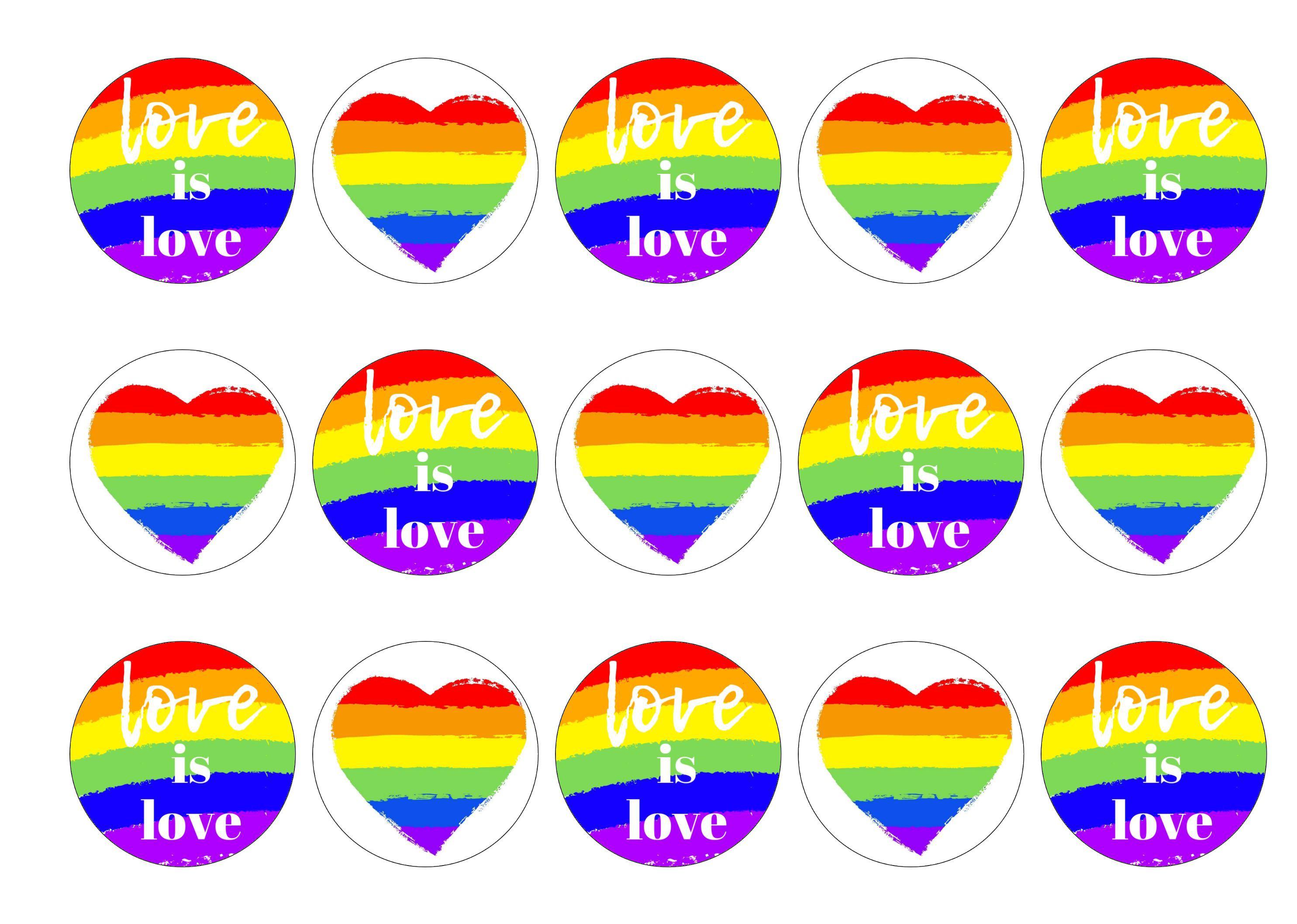 15 printed cupcake toppers with a love is love theme for LGBT Pride