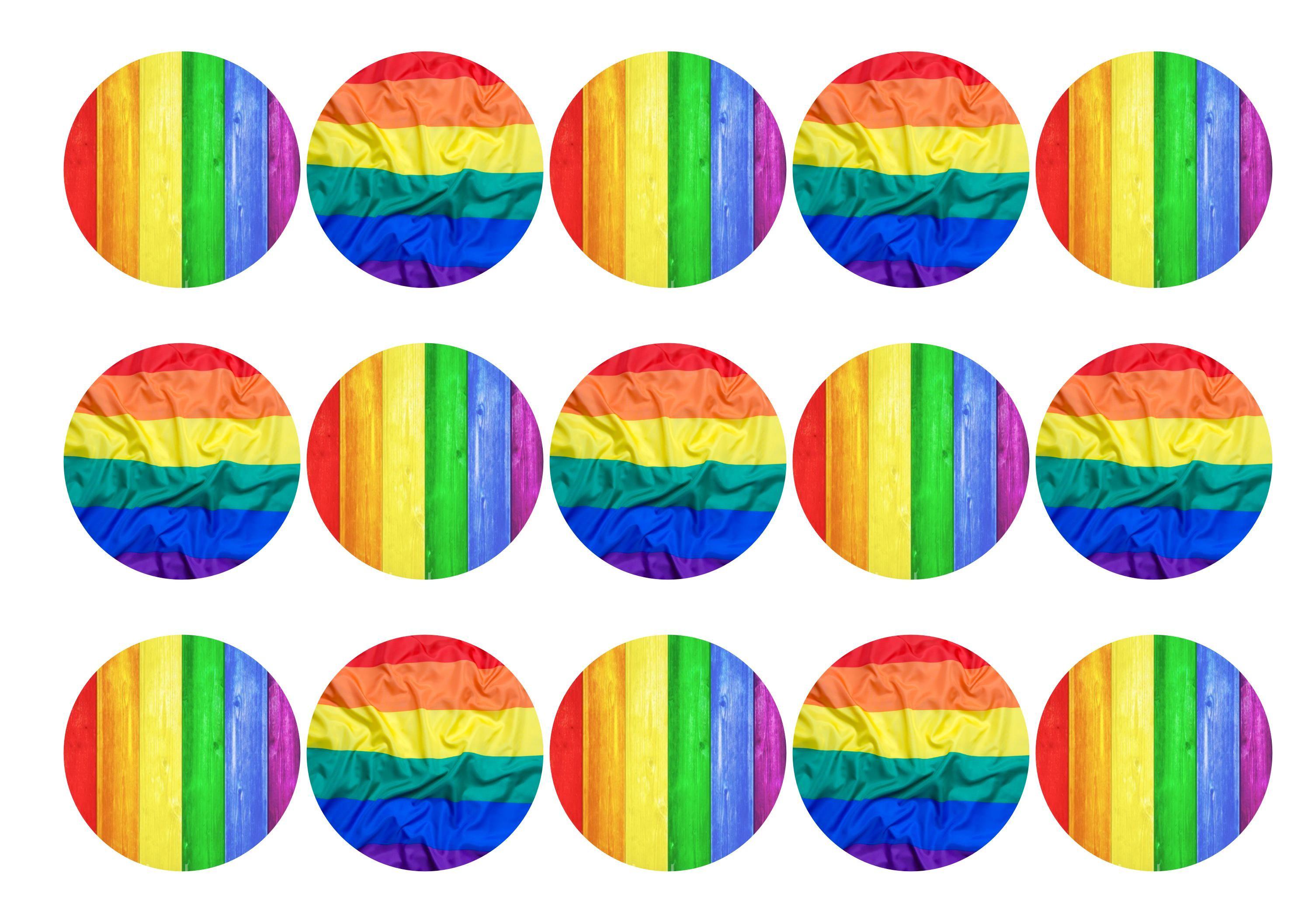 15 printed cupcake toppers with images of the Pride Rainbow