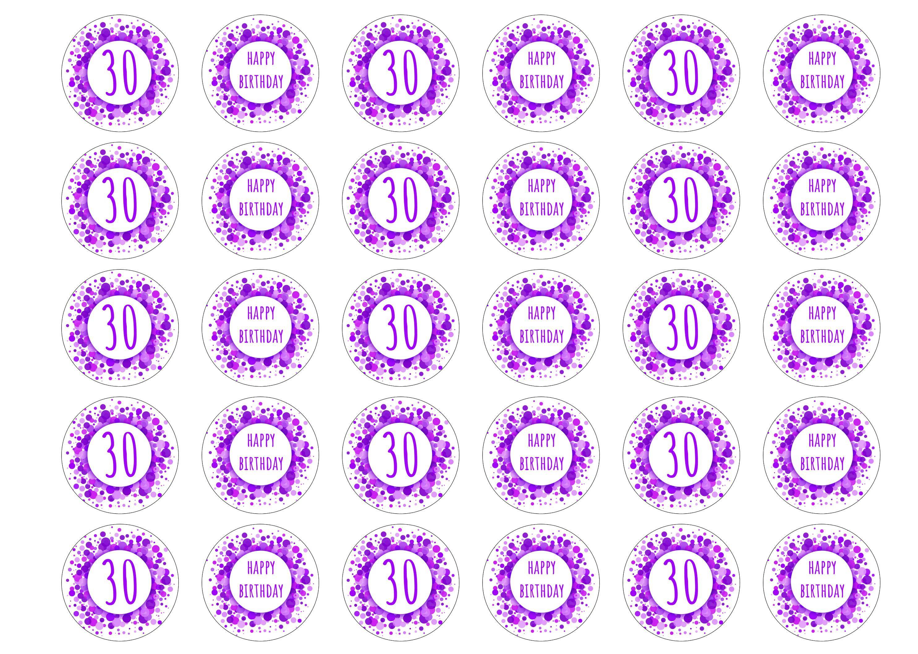 30 edible cupcaker toppers in shades of purple for a 30th birthday party