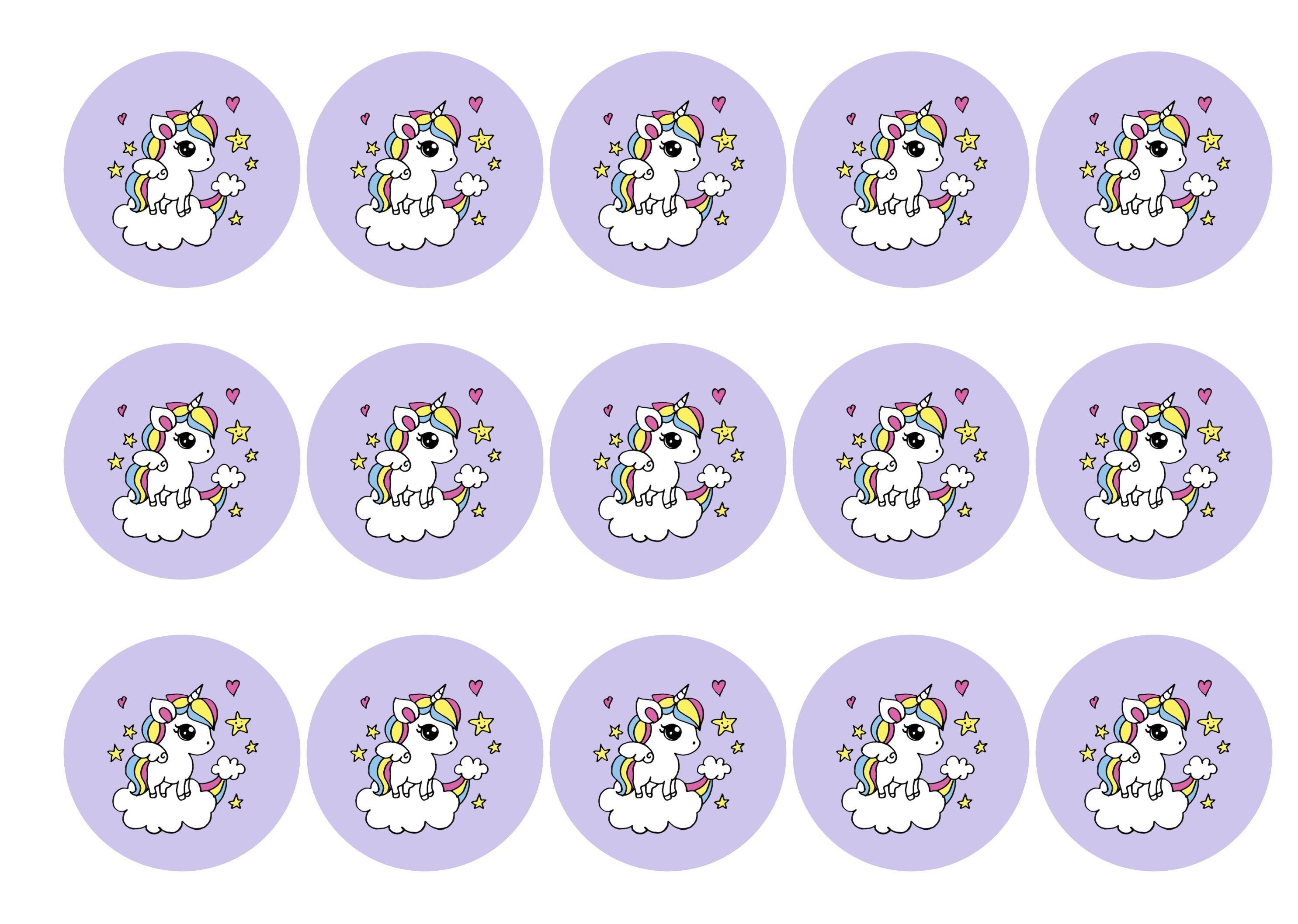 Printed cupcake toppers with a rainbow unicorn