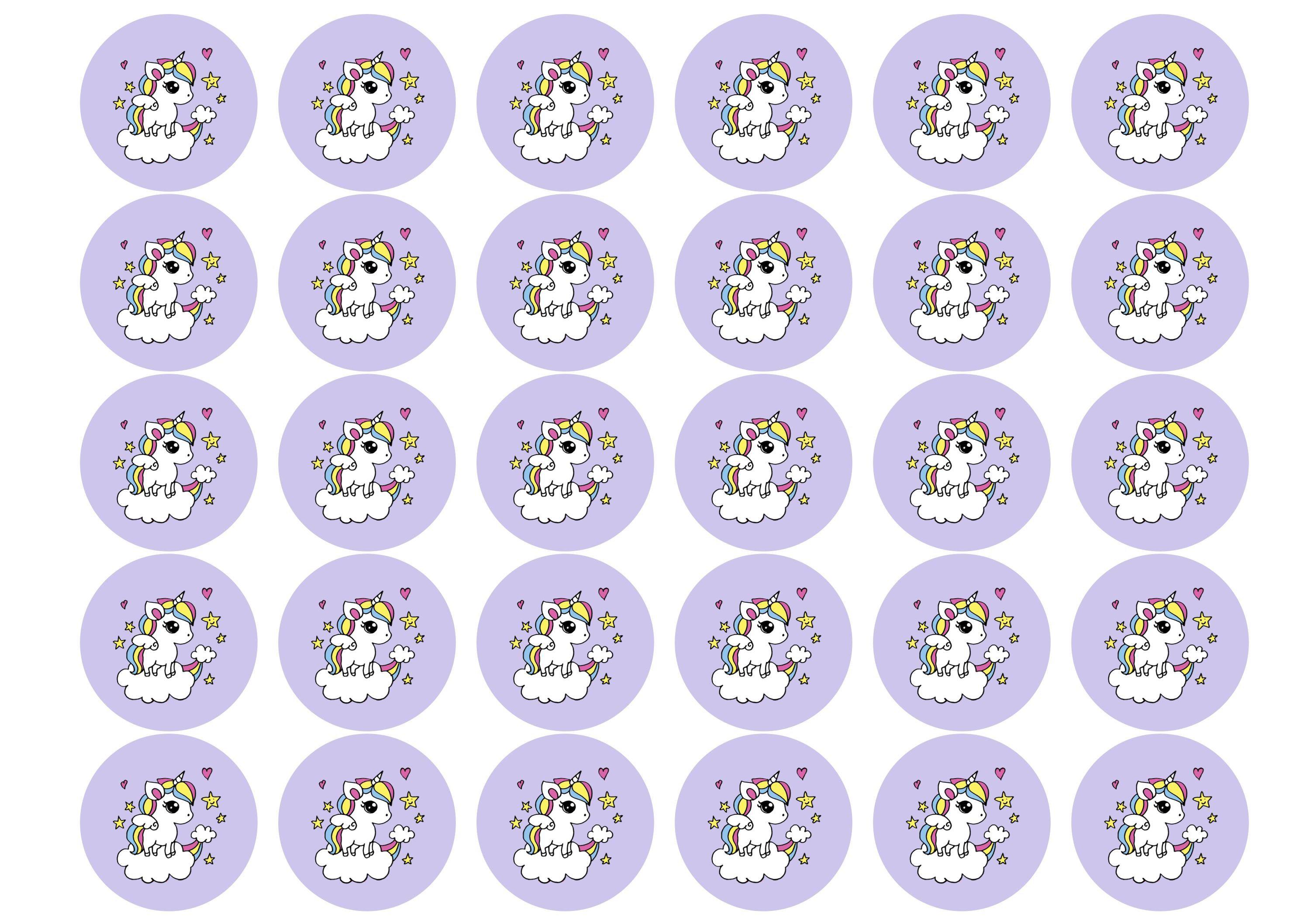 30 edible cupcake toppers with a rainbow unicorn image