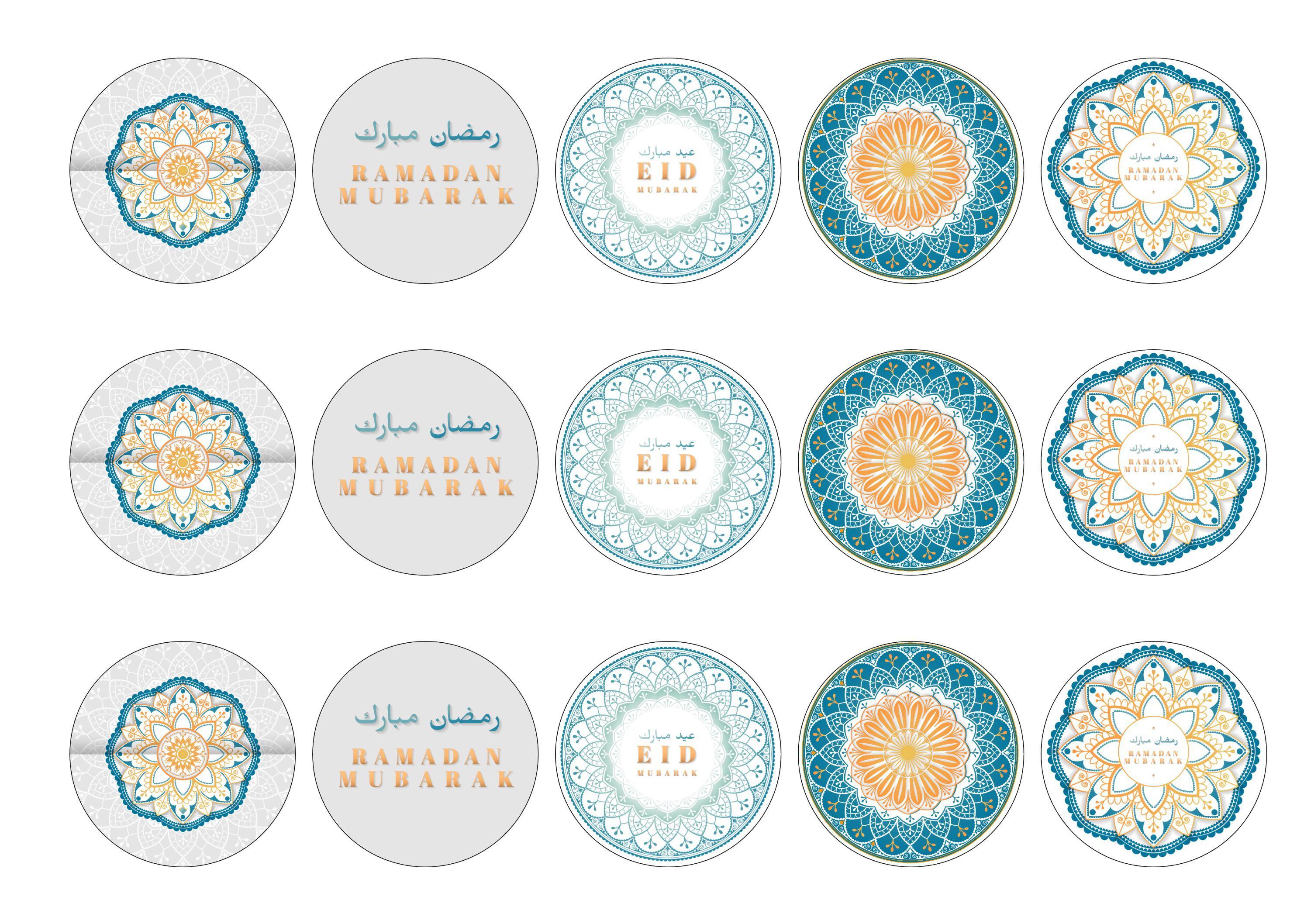 15 printed cupcake toppers with mandala design for Ramadan Mubarak and Eid Mubarak