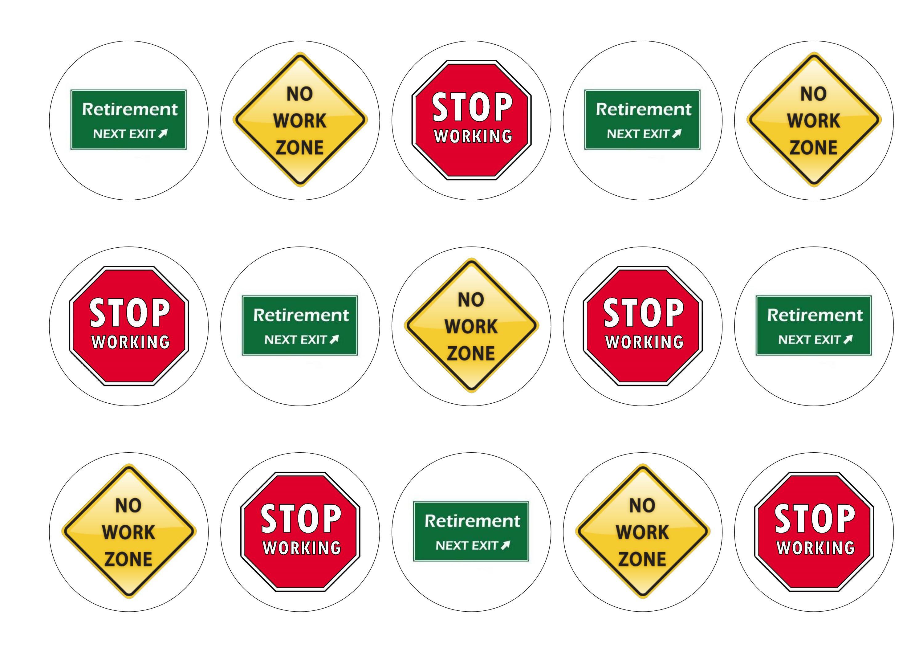Printed cupcake toppers with Retirement themed road signs