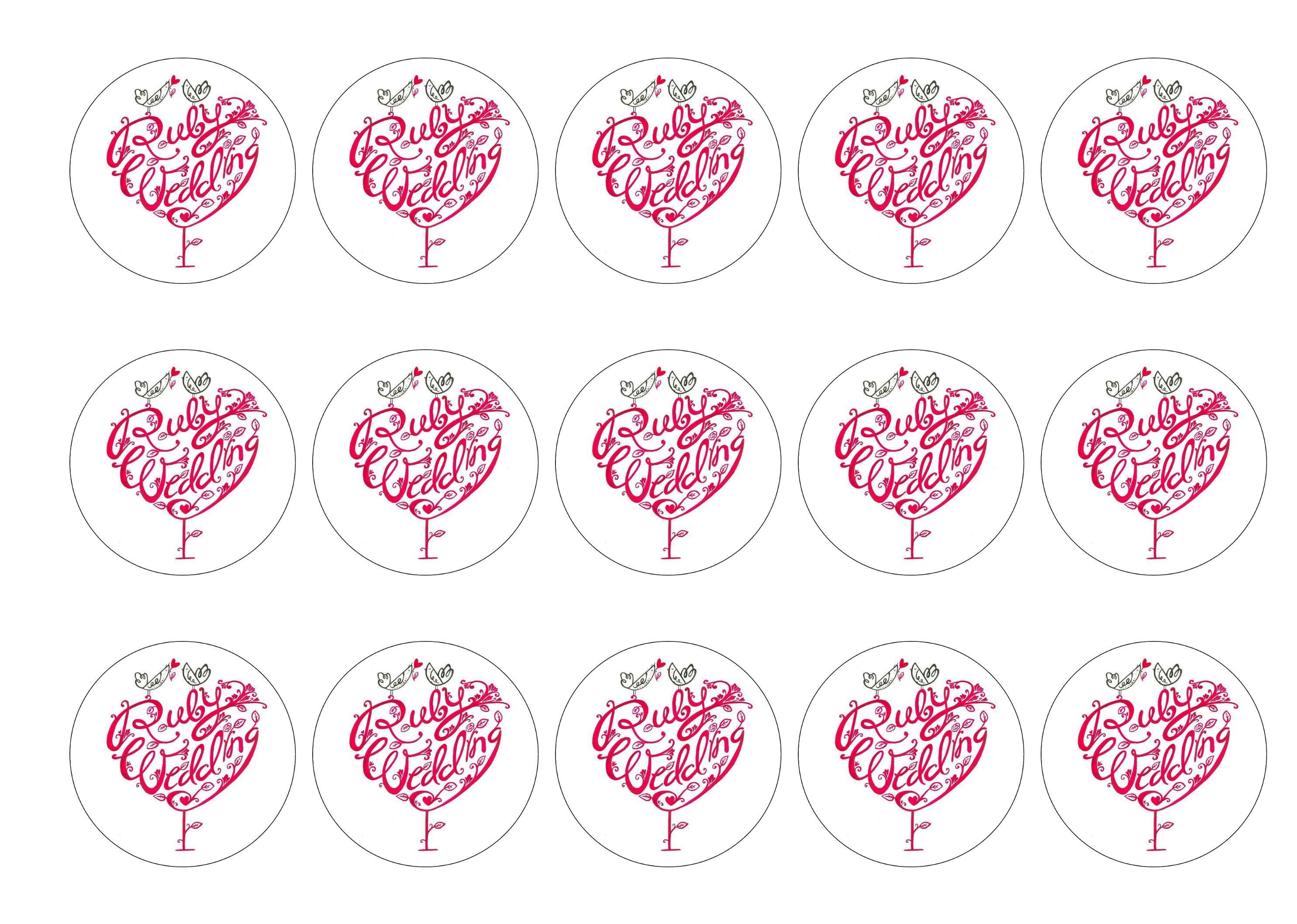 15 printed cupcake toppers for a Ruby Wedding Anniversary