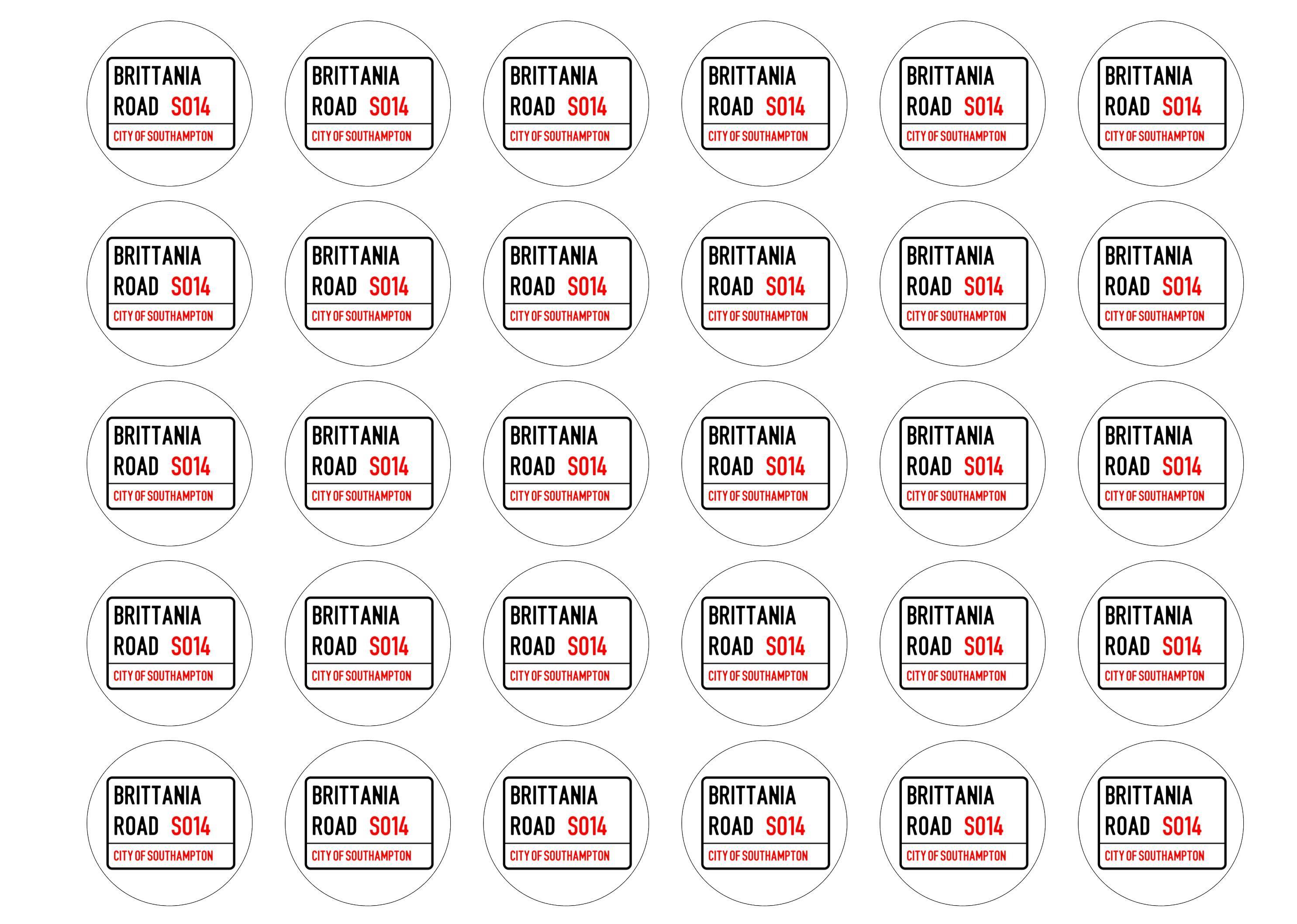 30 edible cupcake toppers with a Southampton FC street sign design