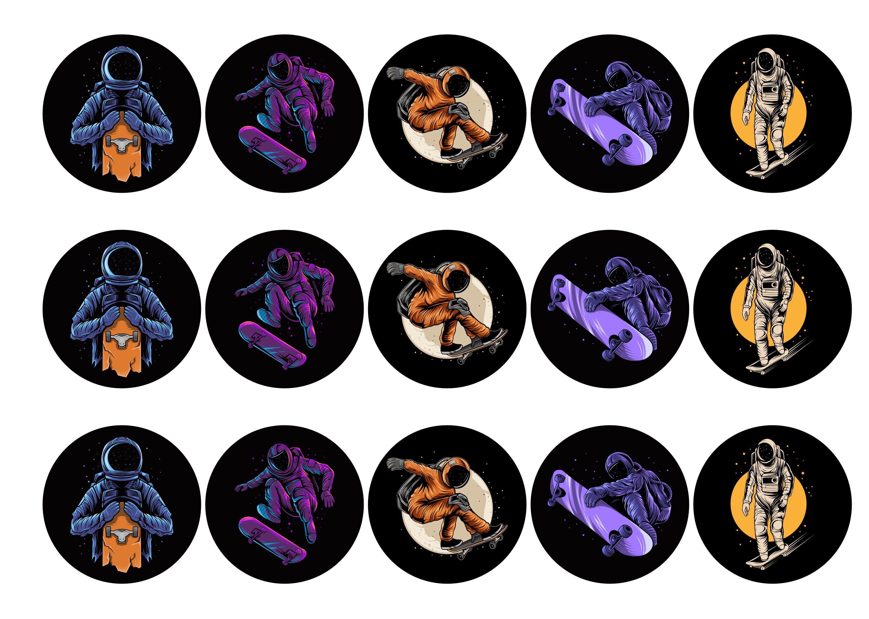 15 cupcake toppers printed with images of skateboarding astronauts