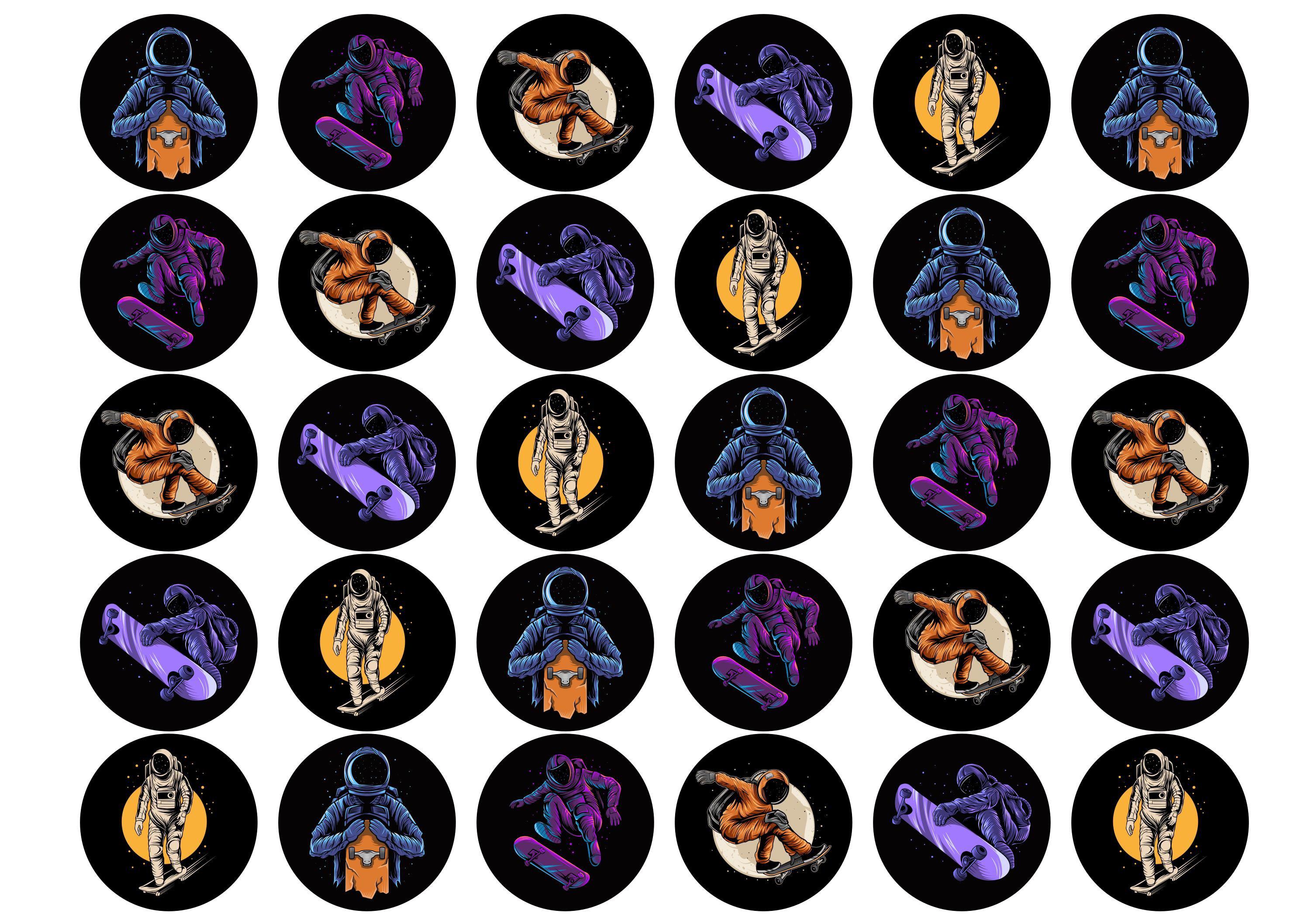 30 edible toppers printed with images of skateboarding astronauts