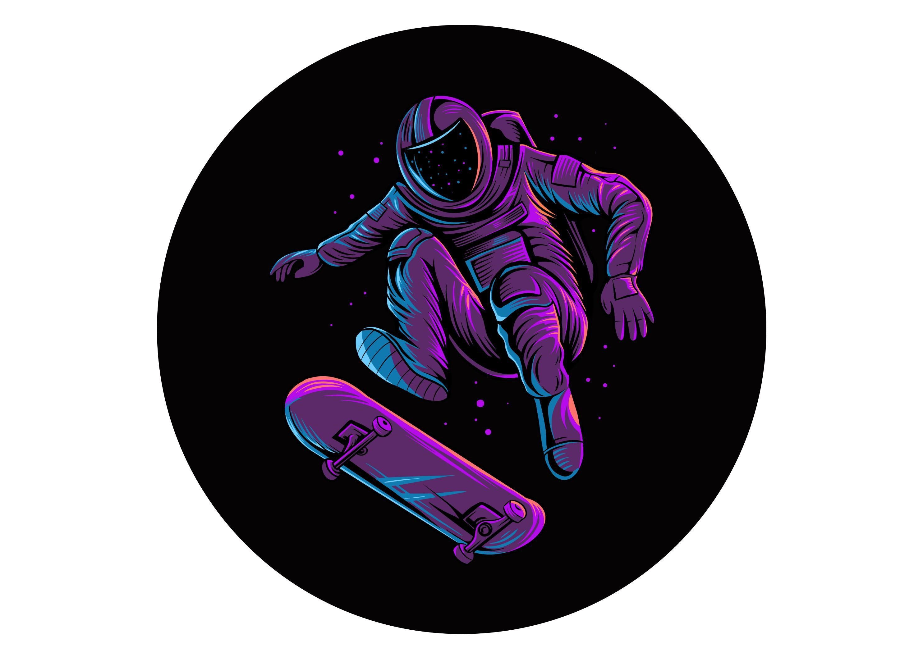 large printed cake topper with images of skateboarding astronauts