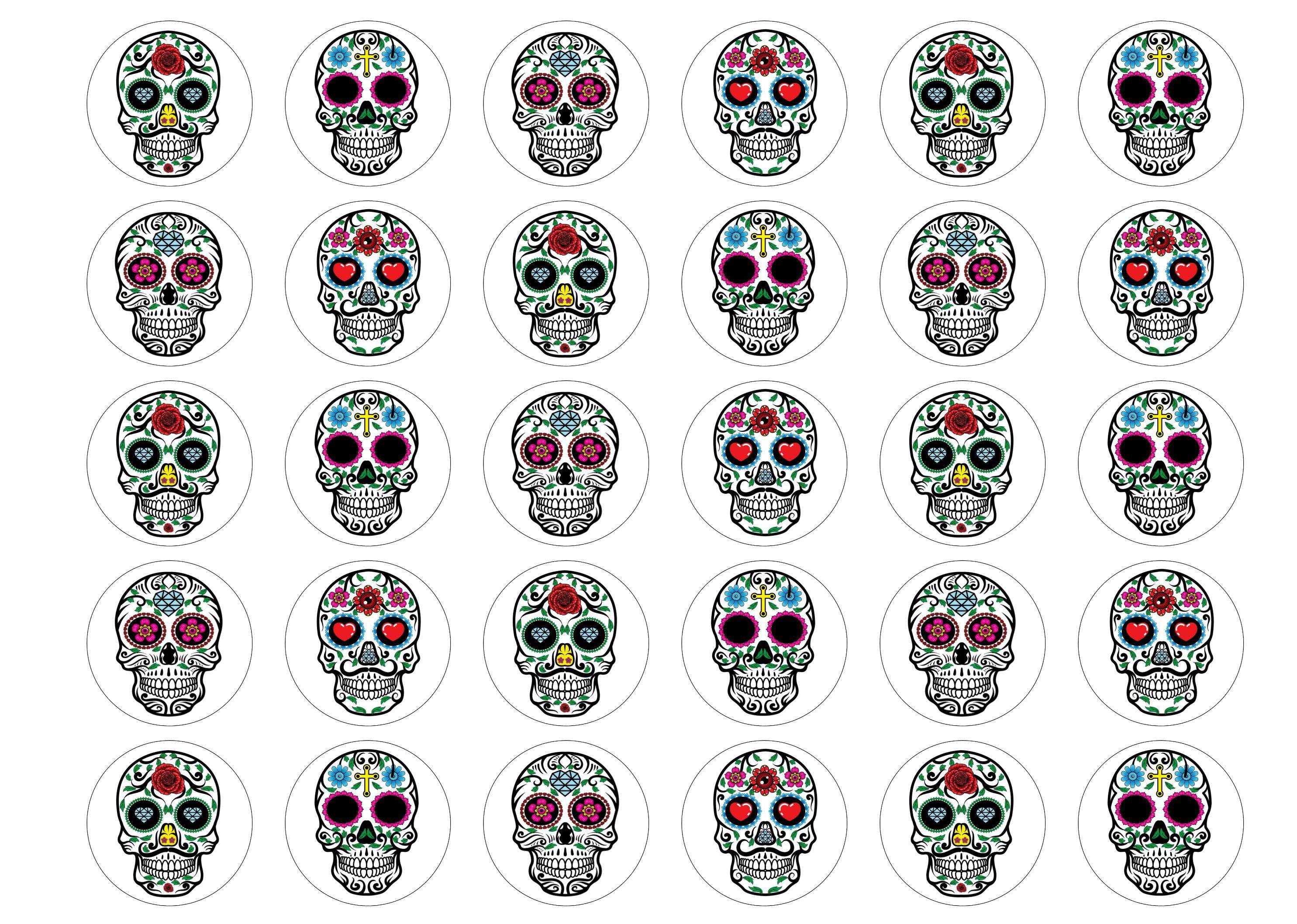 30 edible printed cupcake toppers with sugar skull designs