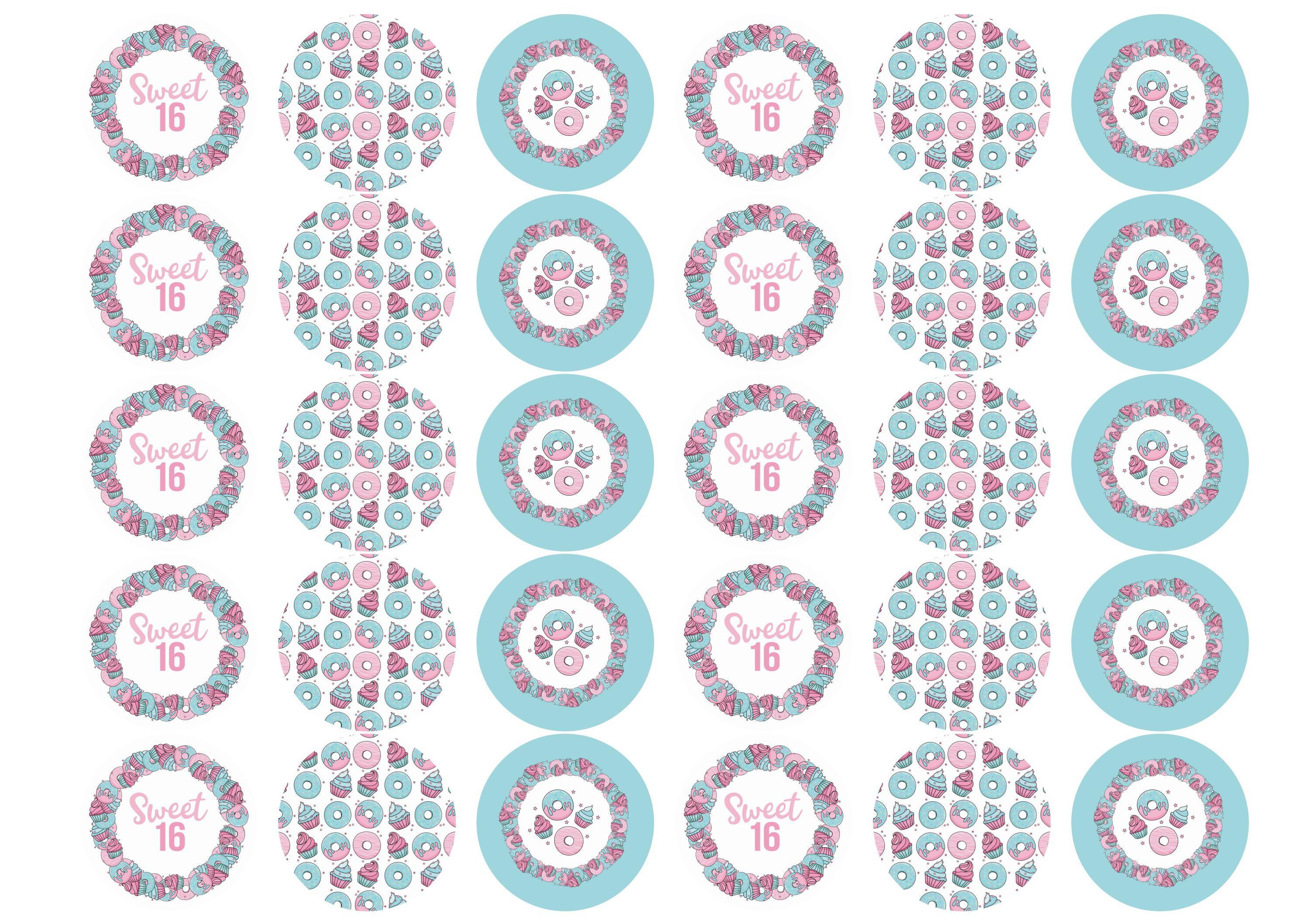 30 edible cupcake toppers with images for a sweet 16th party