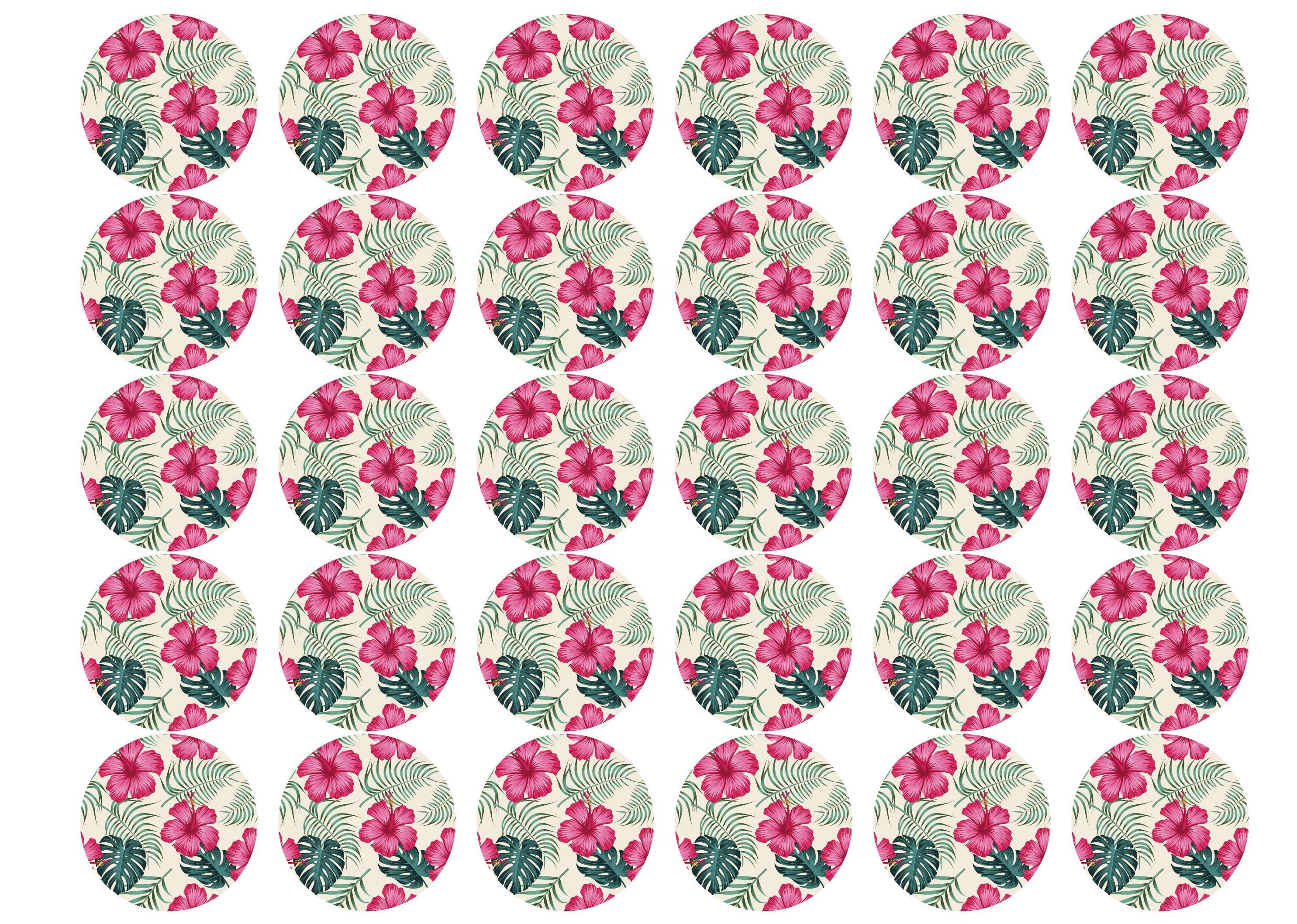 30 edible cupcake toppers with tropical hot pink hibiscus and green monstera leaves