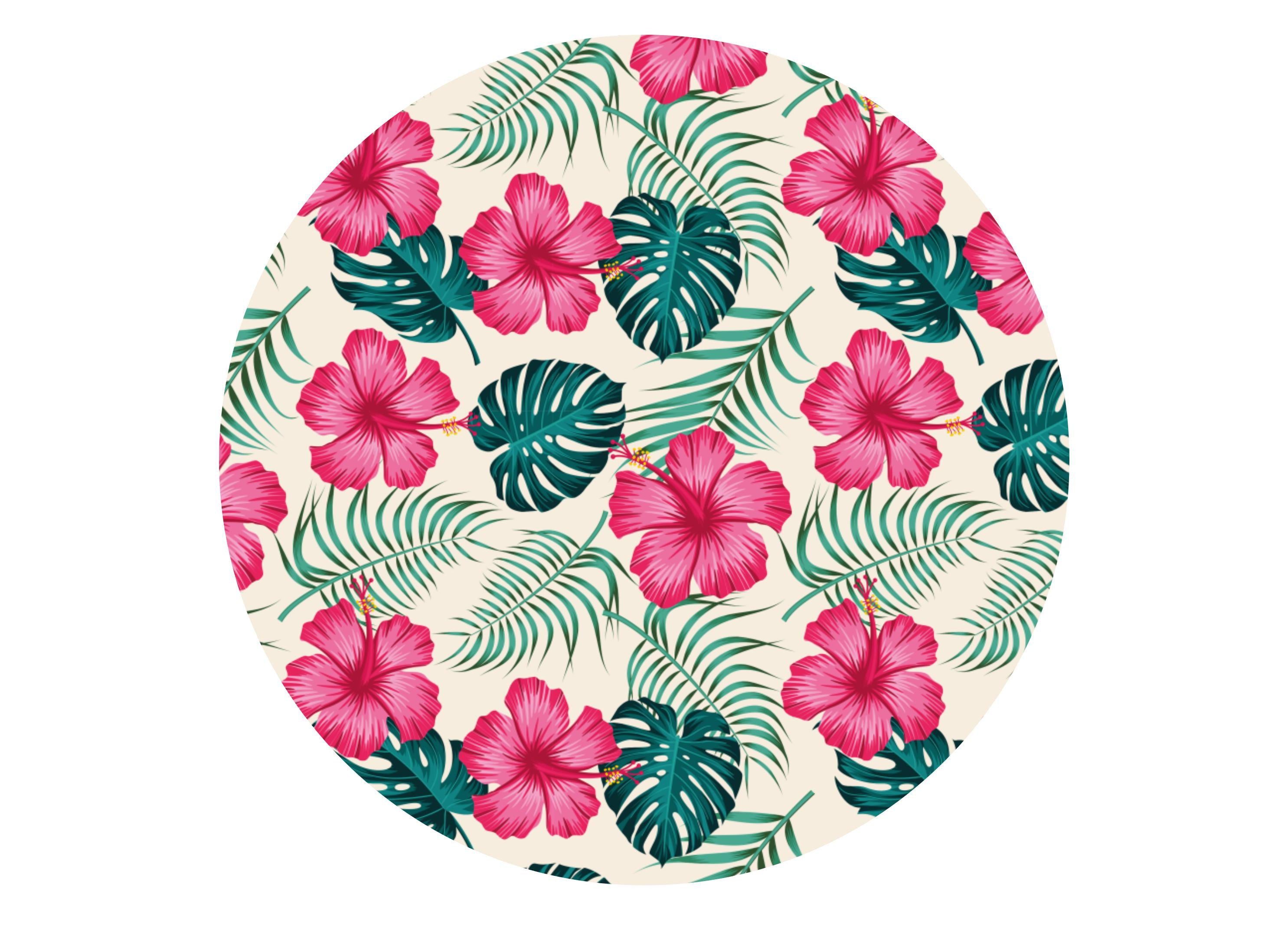Large round edible cake topper with tropical hot pink hibiscus and green monstera leaves