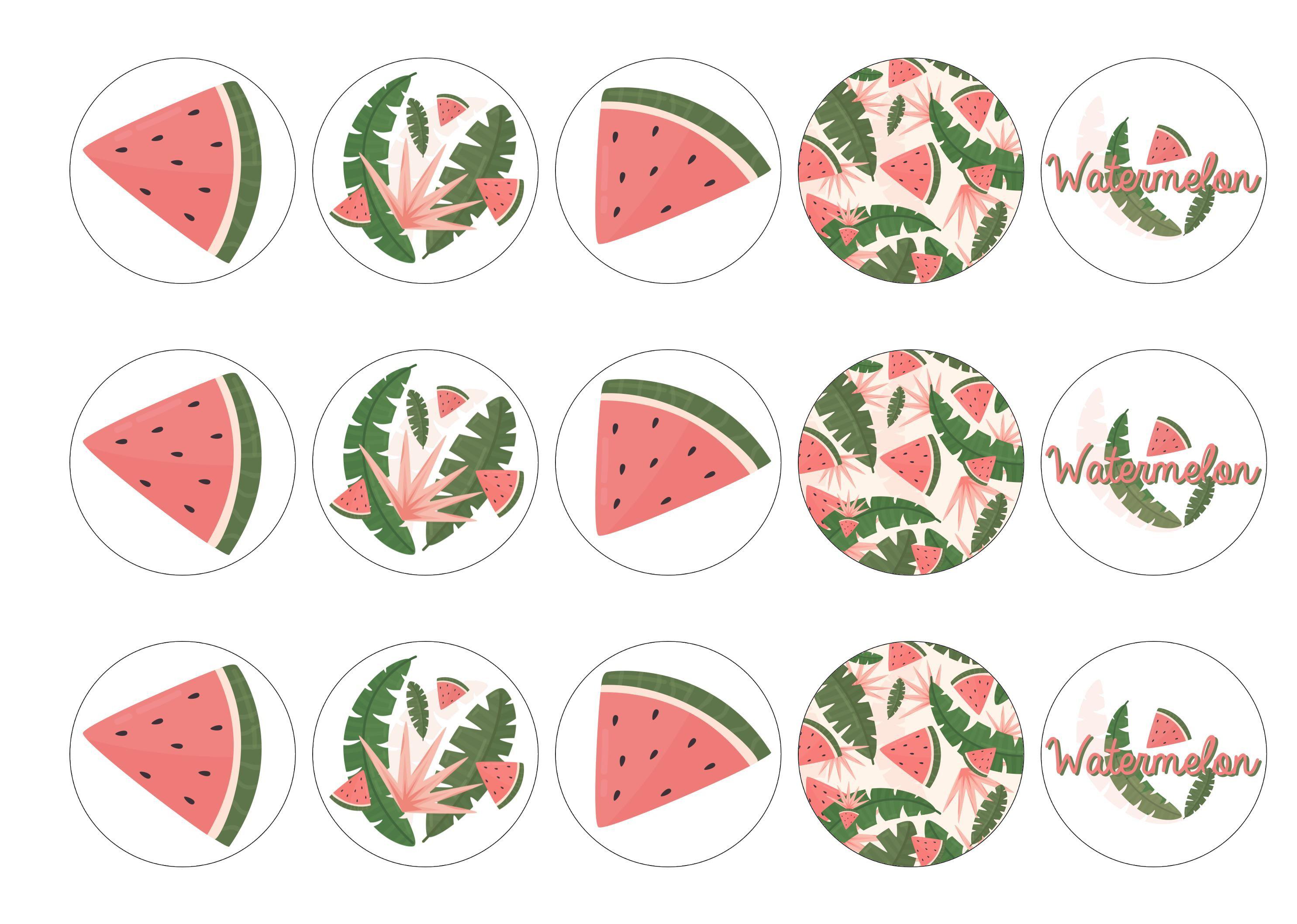 15 printed cupcake toppers with a tropical watermelon theme for summer