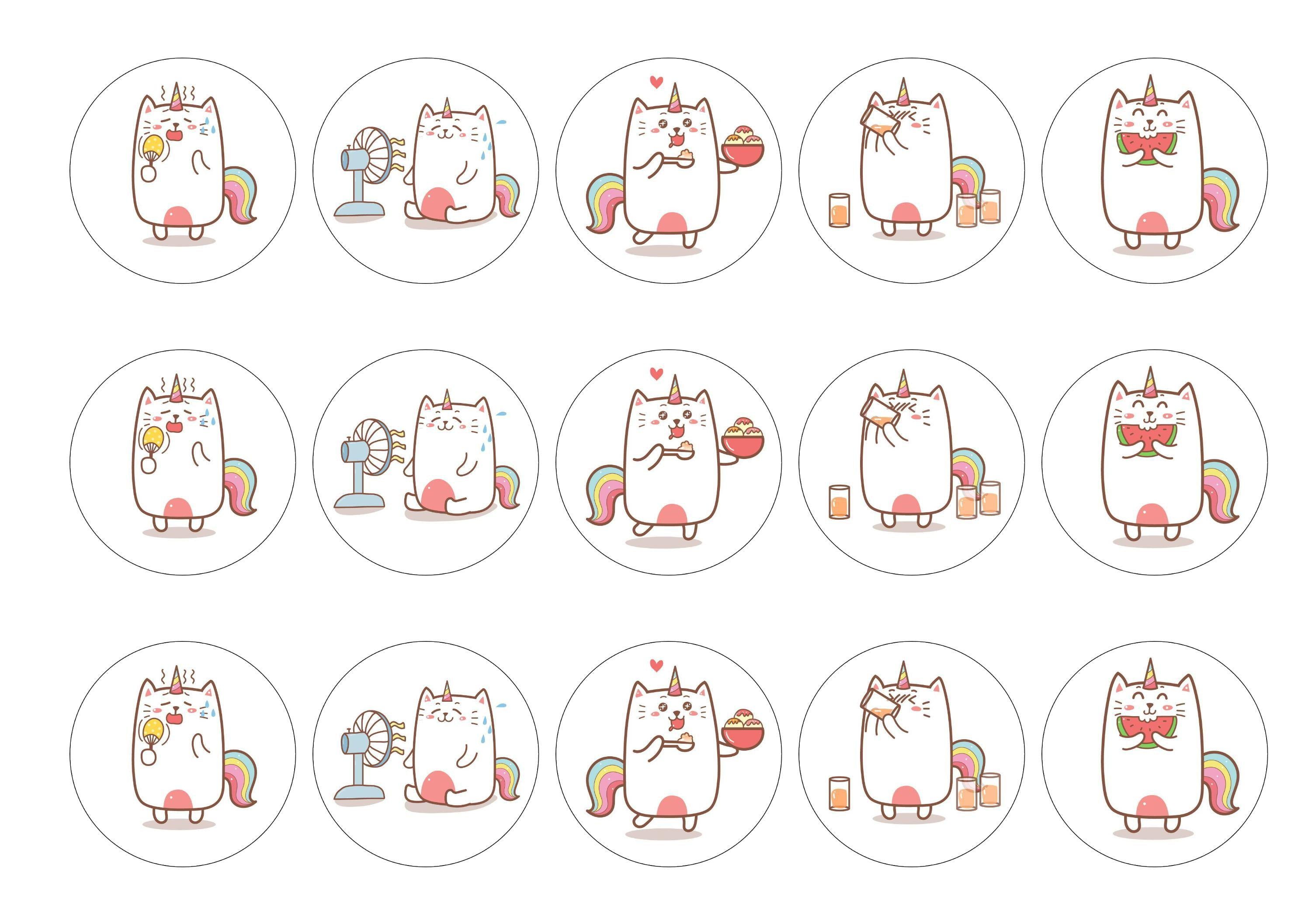 15 printed toppers with summer unicat designs