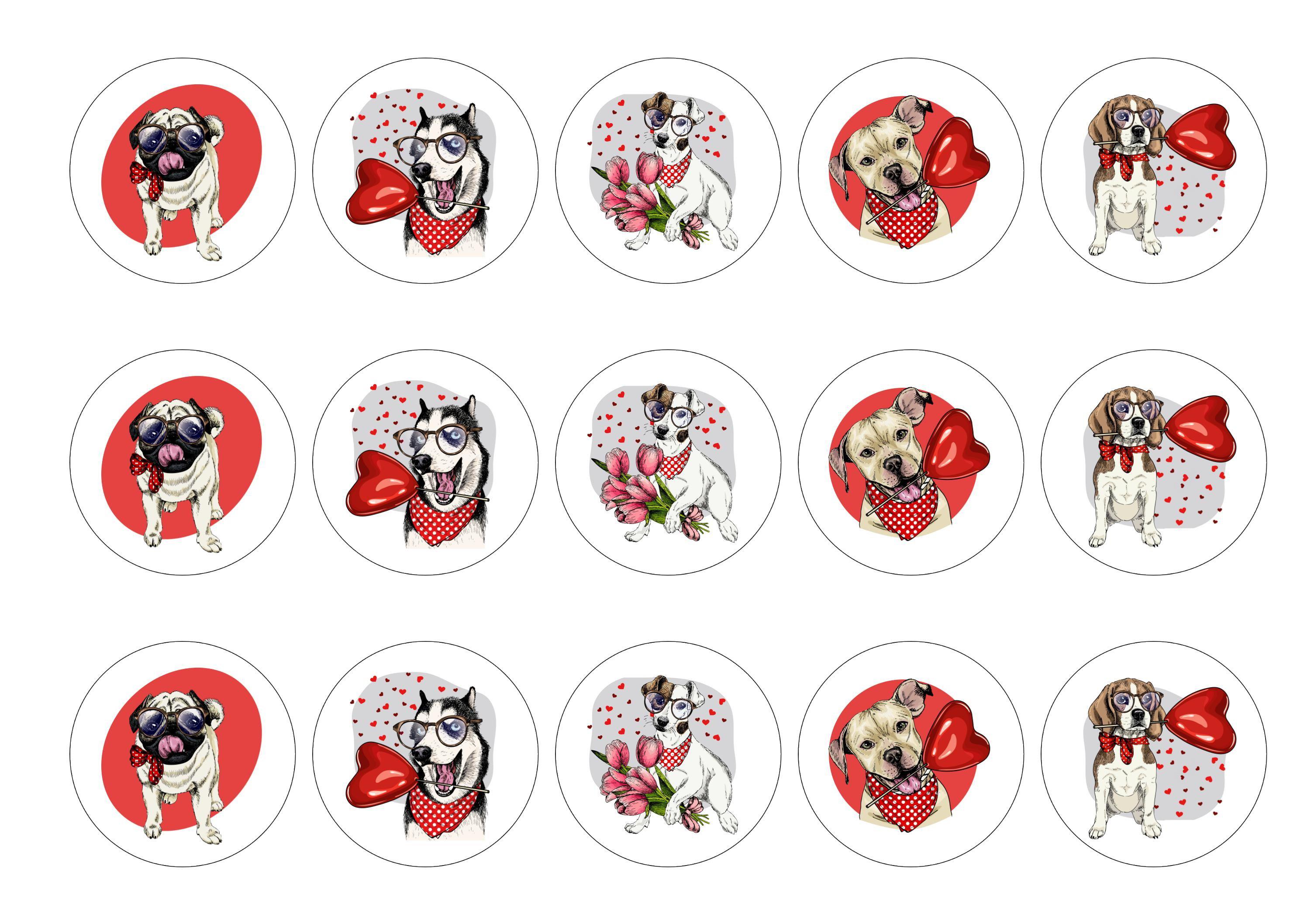 15 cupcake toppers with printed valentine dog designs