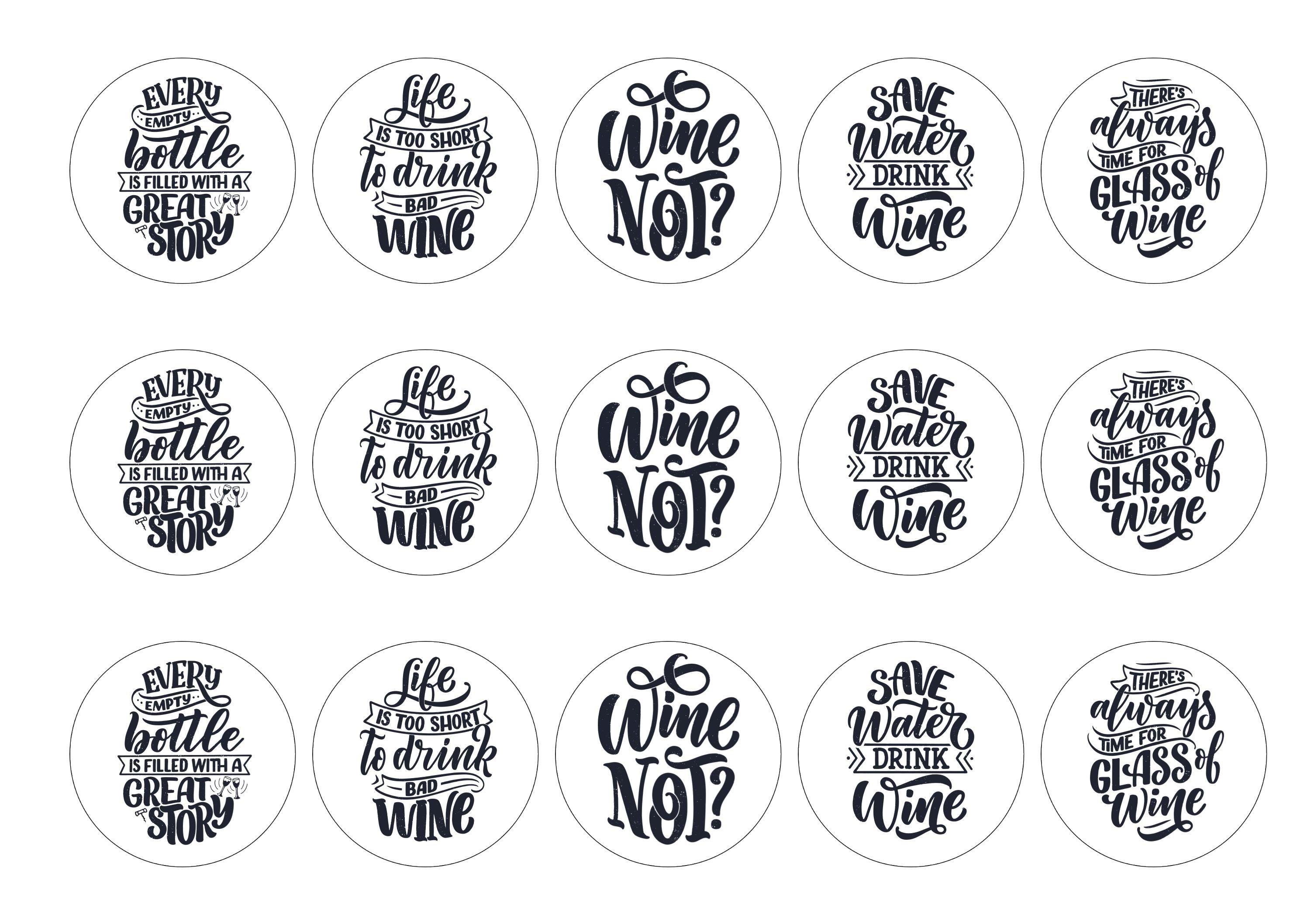 15 printed toppers with different fun wine slogans
