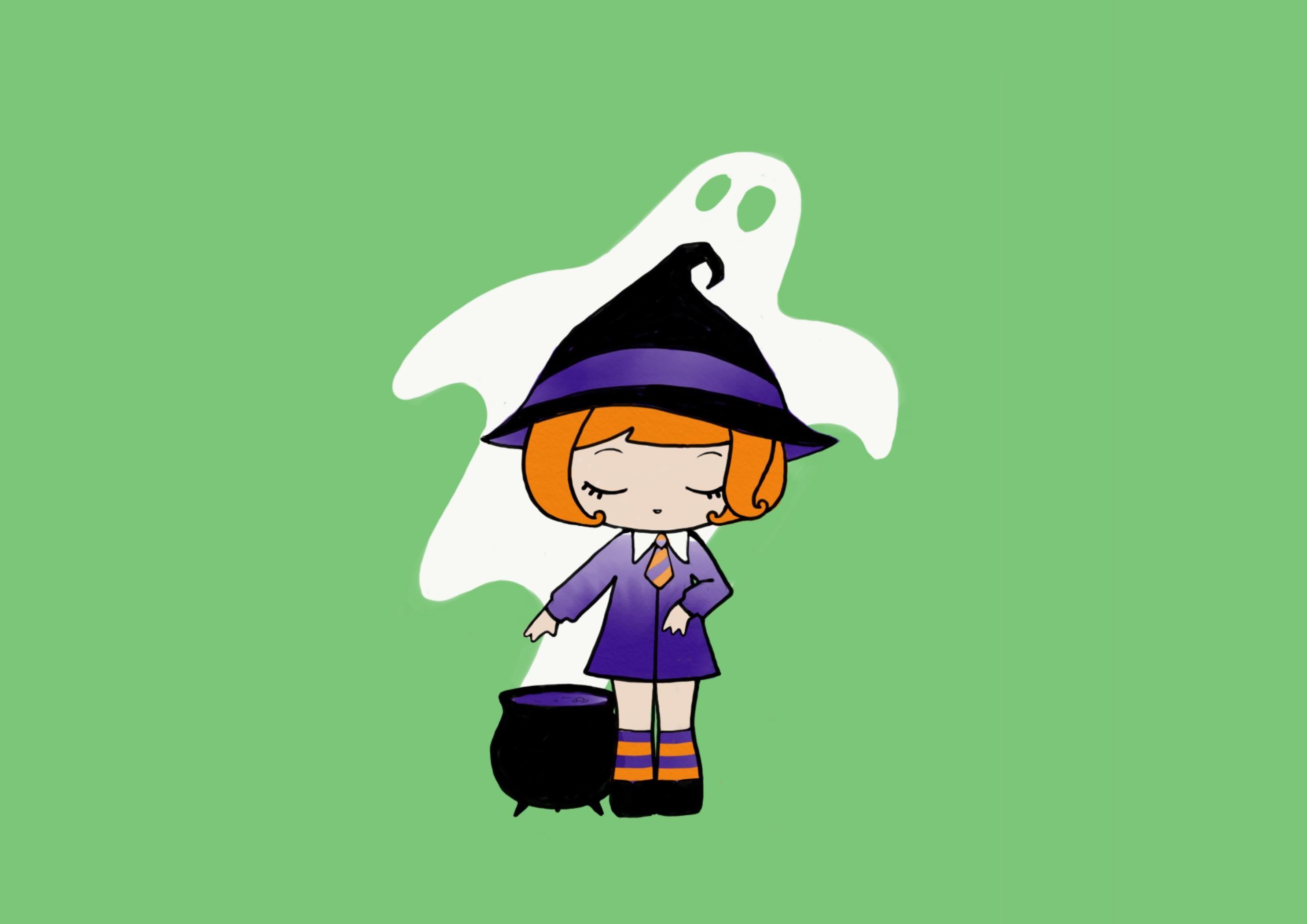 A4 edible cake topper with cute witches for Halloween