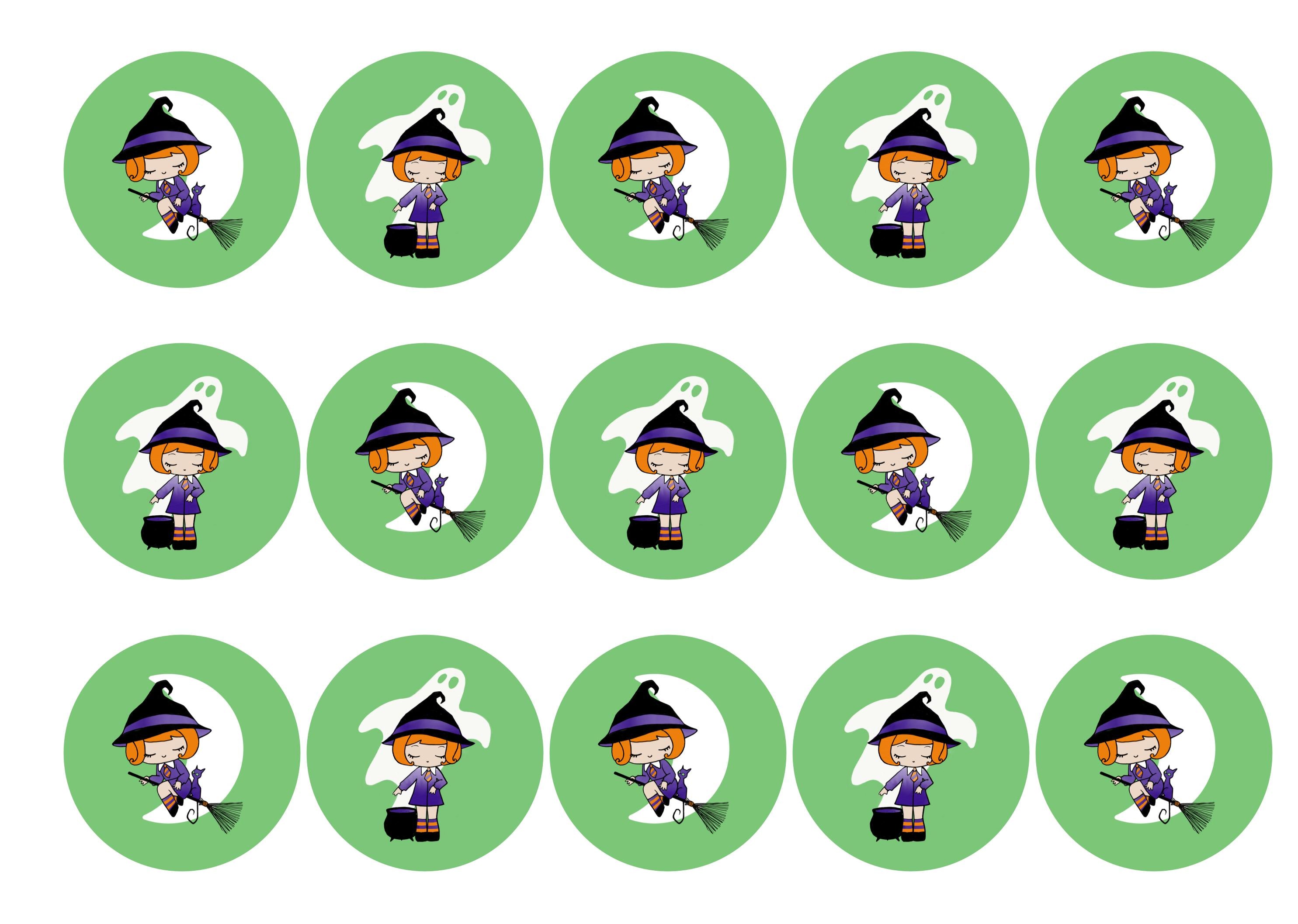 15 printed toppers with cute witches for Halloween