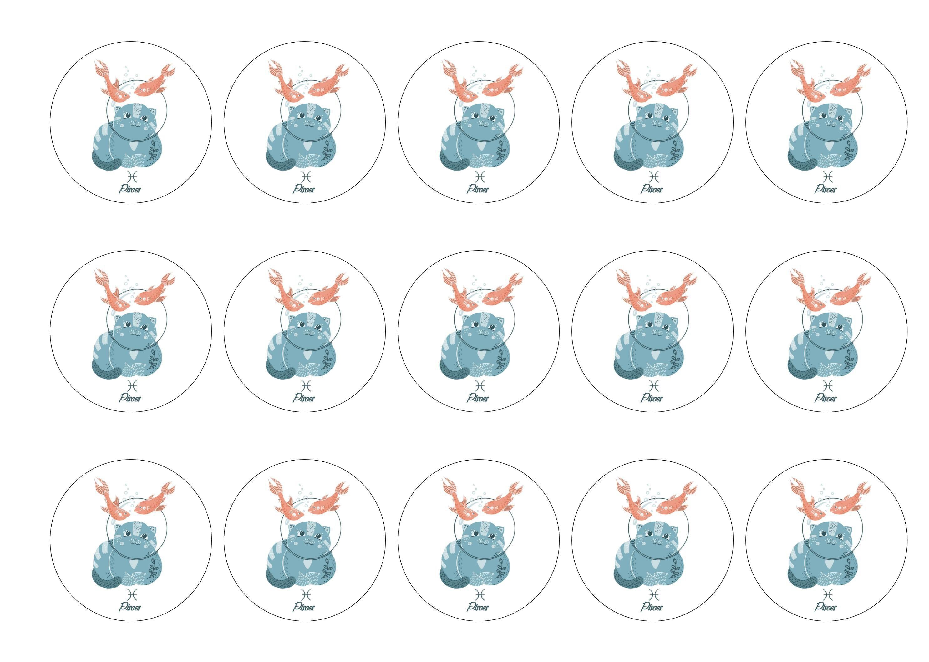 15 printed cupcake toppers with cute cats symbolising Pisces the Fish Star Sign