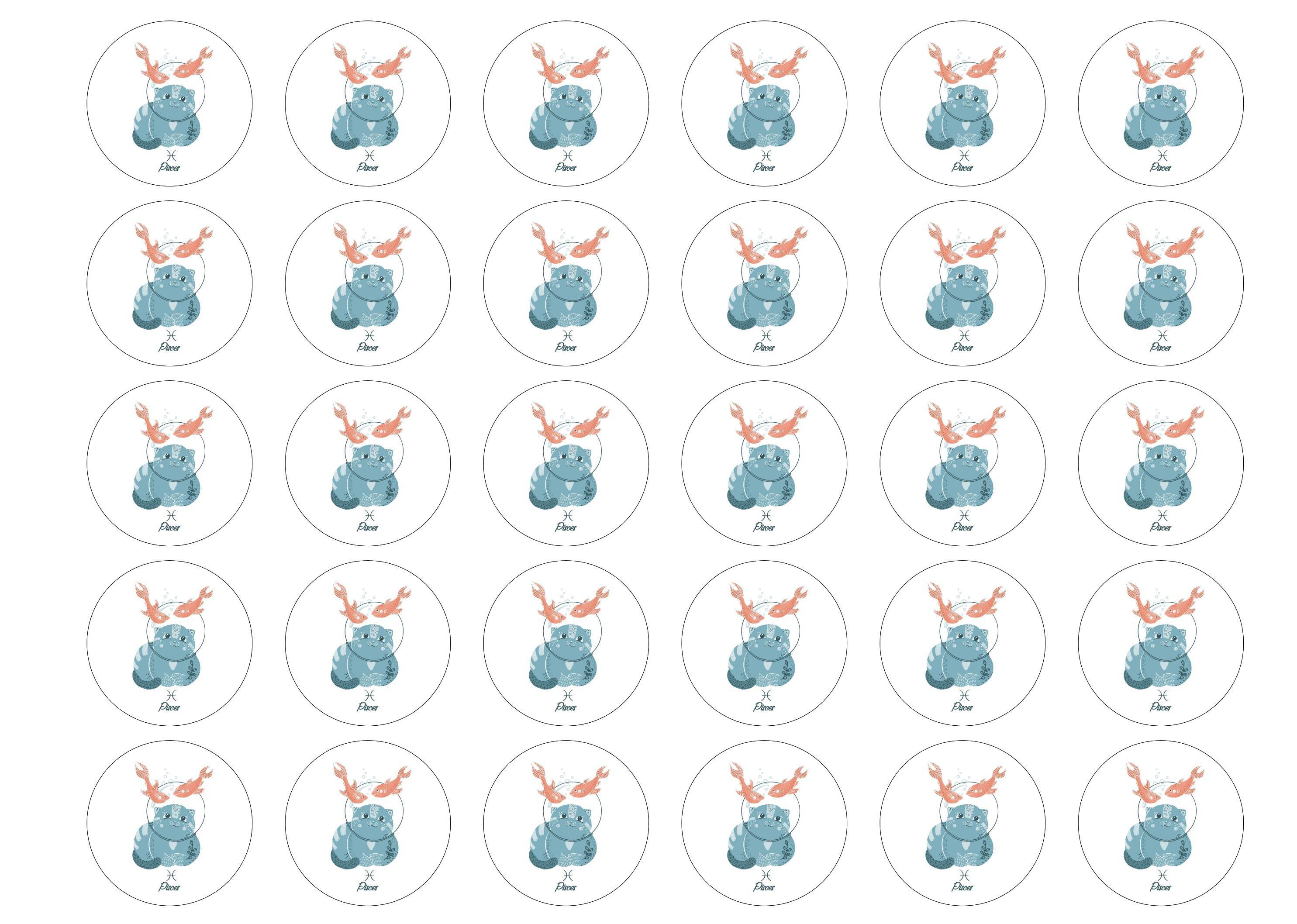 30 edible cupcake toppers with cute cats symbolising Pisces the Fish Star Sign