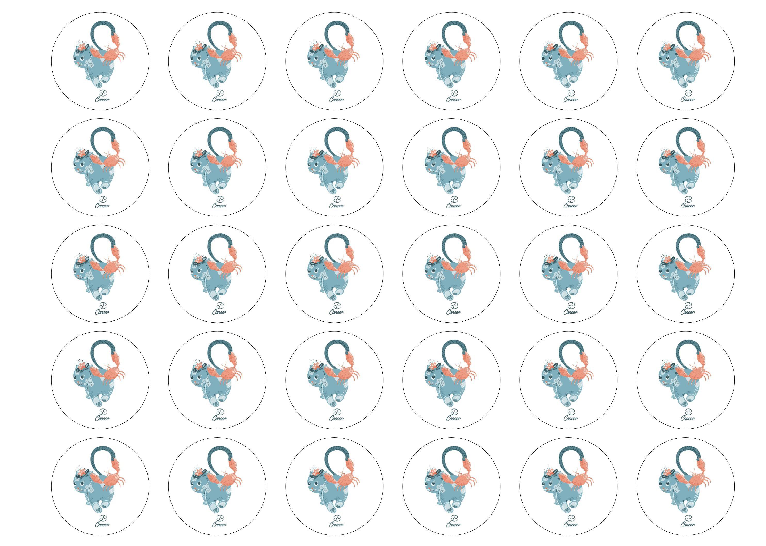 30 edible cupcake toppers with cute cats symbolising Cancer the Crab Star Sign