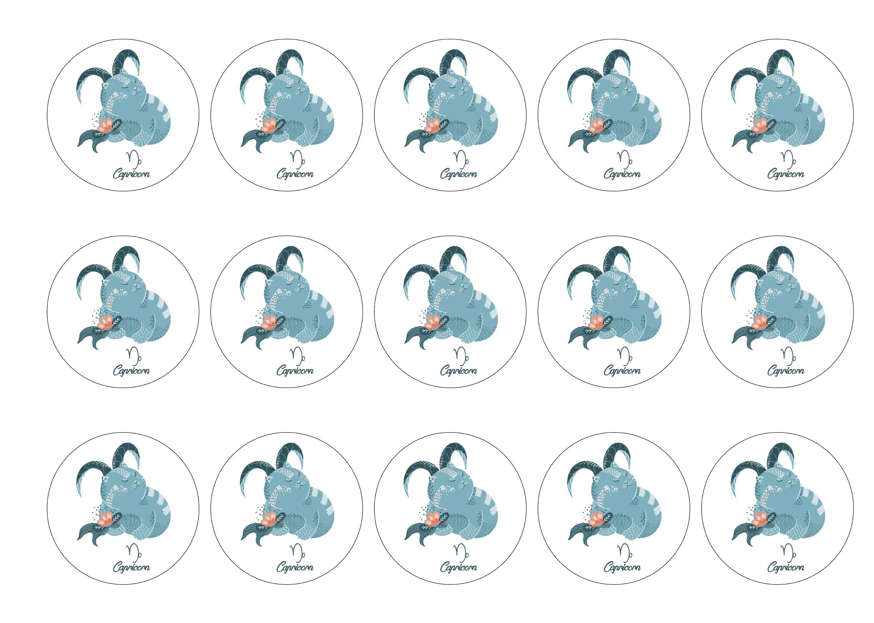 15 printed cupcake toppers with cut cats symbolising Capricorn the Fish Goat hybrid Star Sign