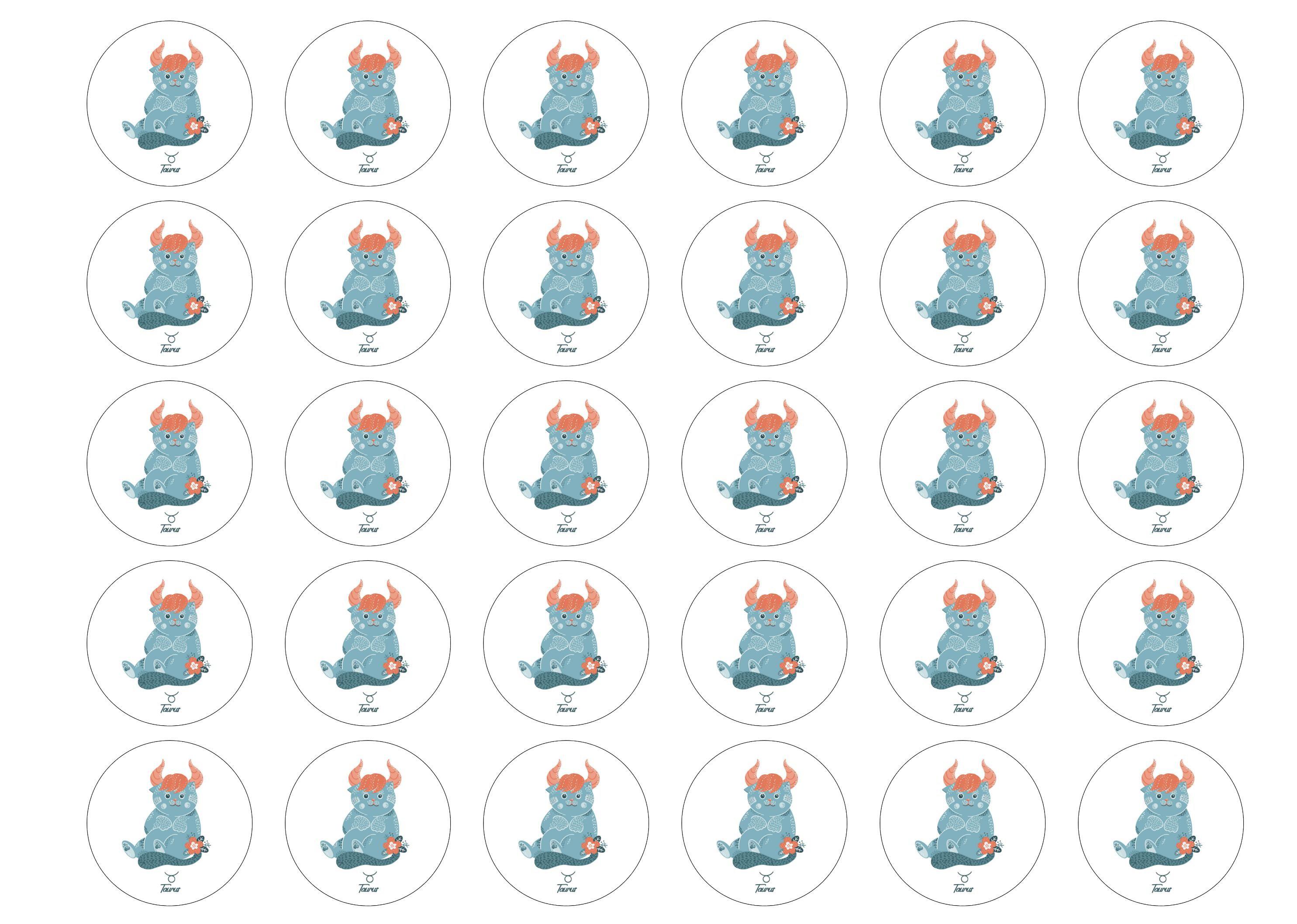 30 edible cupcake toppers with cute cats symbolising Taurus the Bull Star Sign