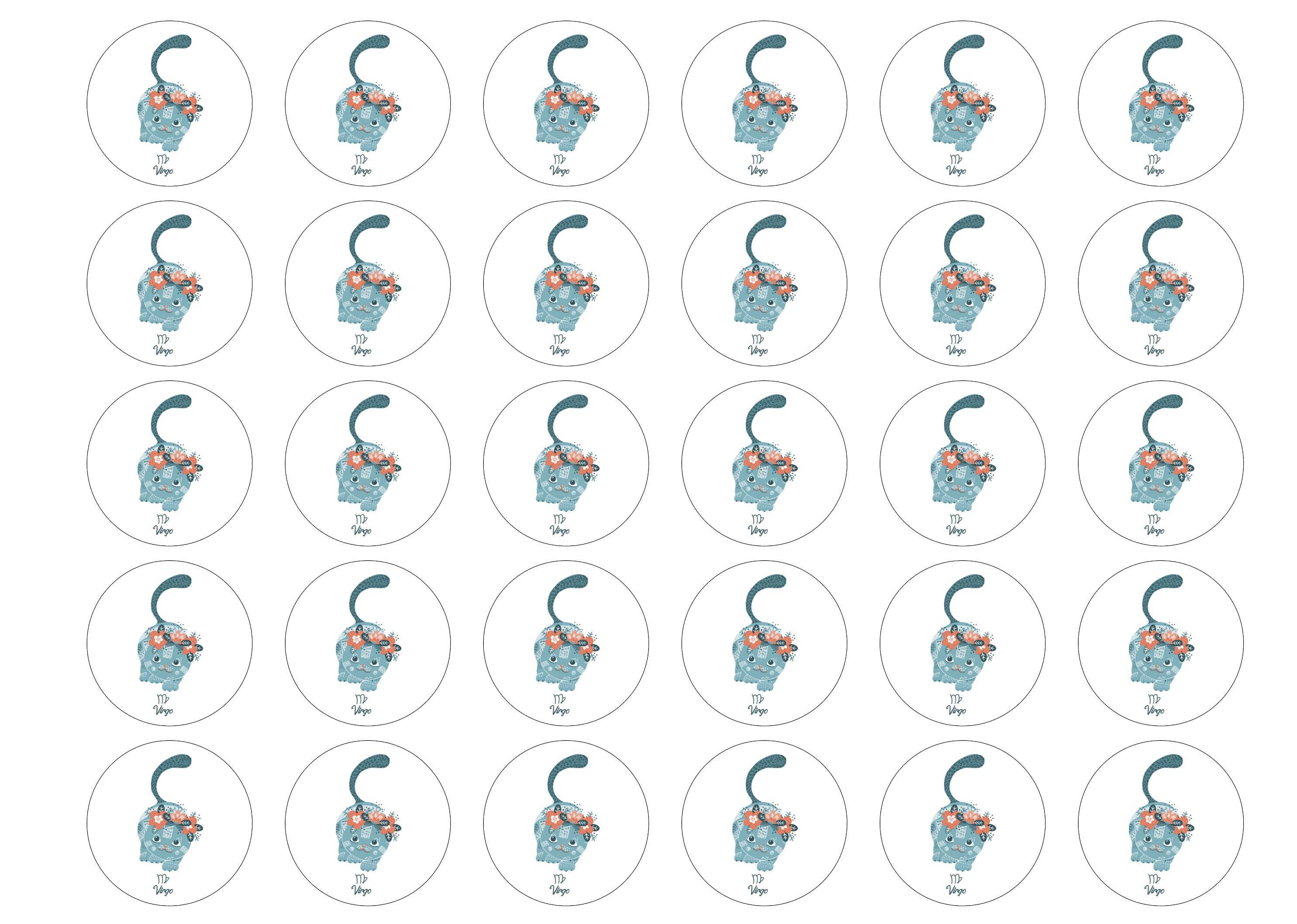 30 edible cupcake toppers with cute cats symbolising Virgo the Maiden Star Sign